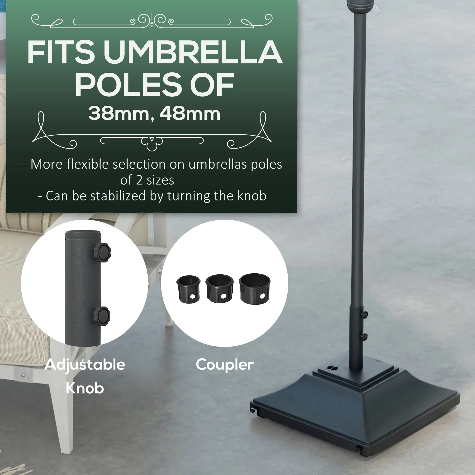Square Umbrella Base With Wheels, 99 Lbs Water Or 132 Lbs Sand Filled, Black - Image 4