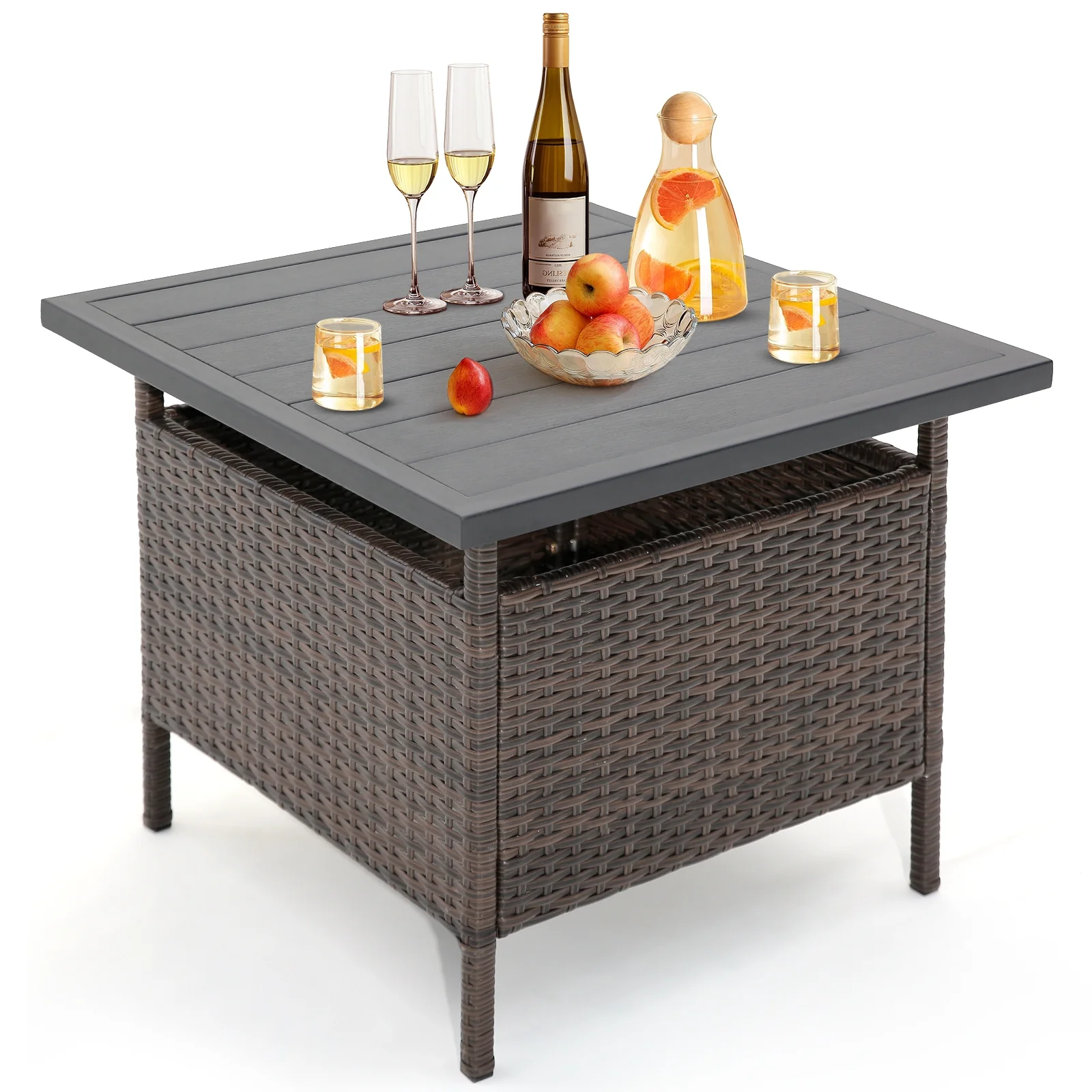 Square Wicker Side Table With Umbrella Hole, Brown