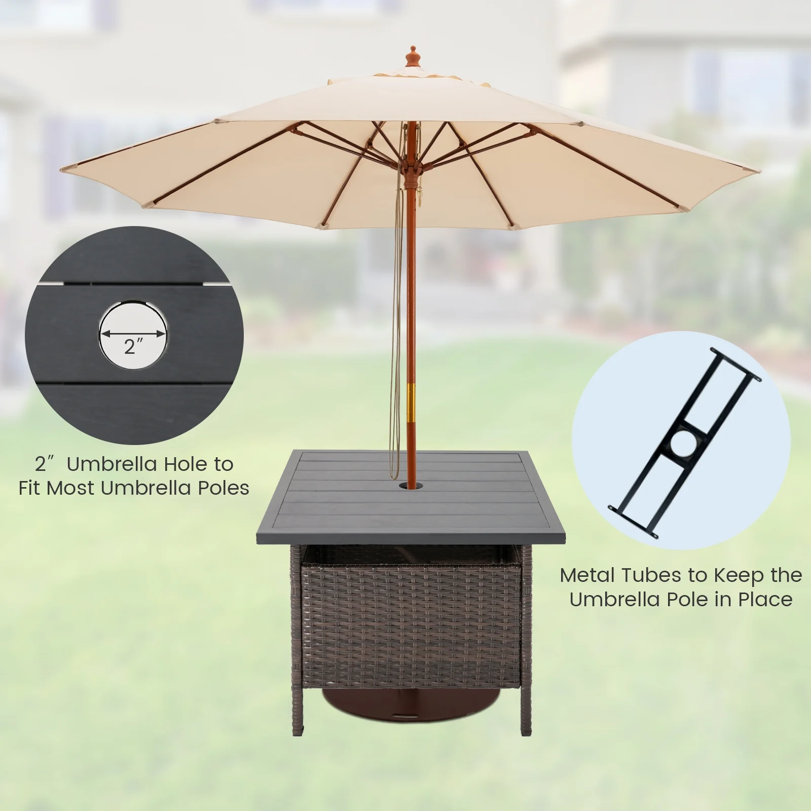 Square Wicker Side Table With Umbrella Hole, Brown - Image 10