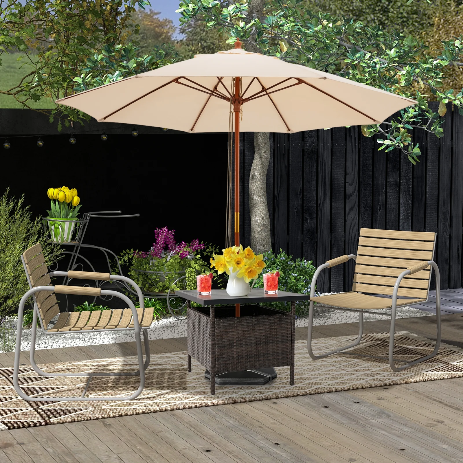 Square Wicker Side Table With Umbrella Hole, Brown - Image 3