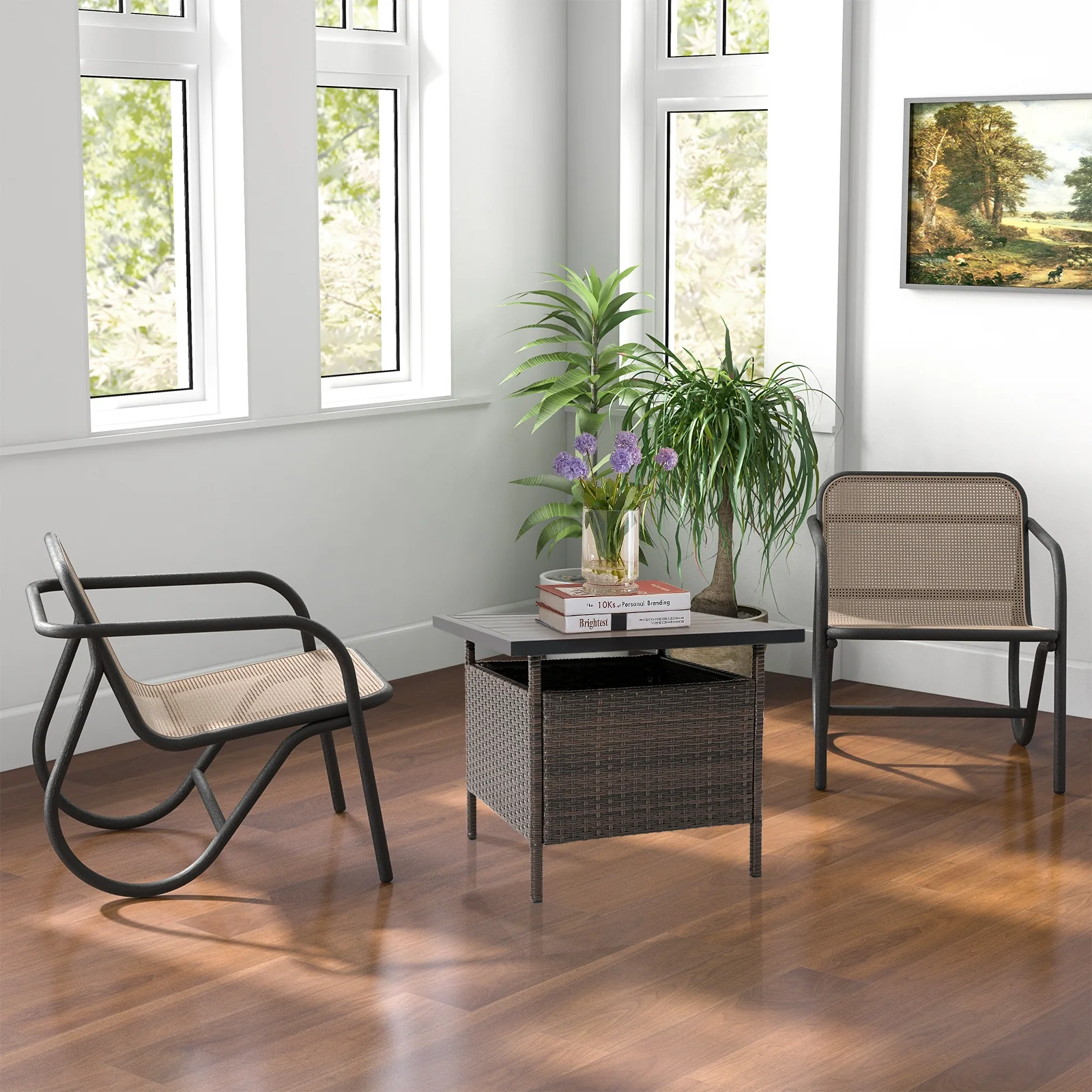 Square Wicker Side Table With Umbrella Hole, Brown - Image 7