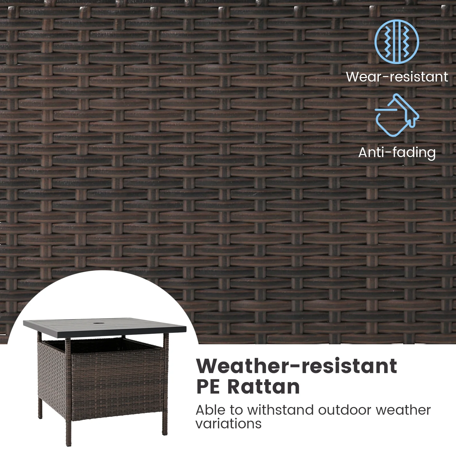 Square Wicker Side Table With Umbrella Hole, Brown - Image 9