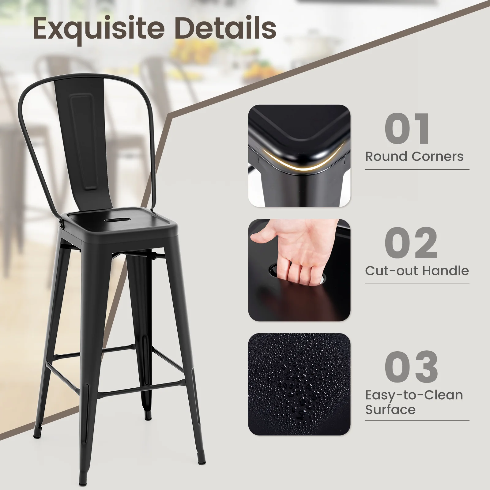Stackable Metal Bar Stools, Set of 4, Removable Backrest, Black - Image 10