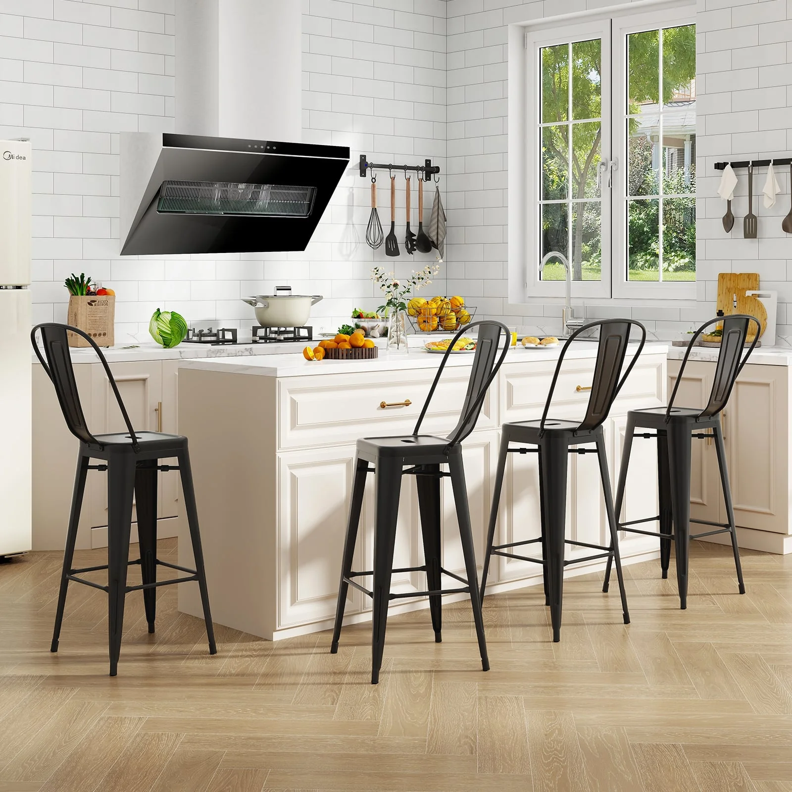 Stackable Metal Bar Stools, Set of 4, Removable Backrest, Black - Image 3