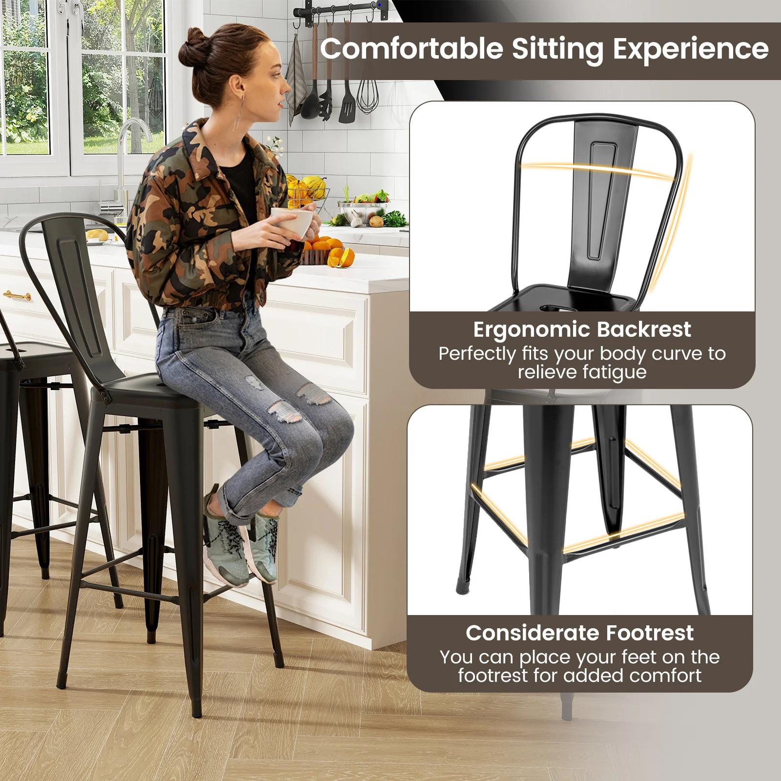 Stackable Metal Bar Stools, Set of 4, Removable Backrest, Black - Image 8