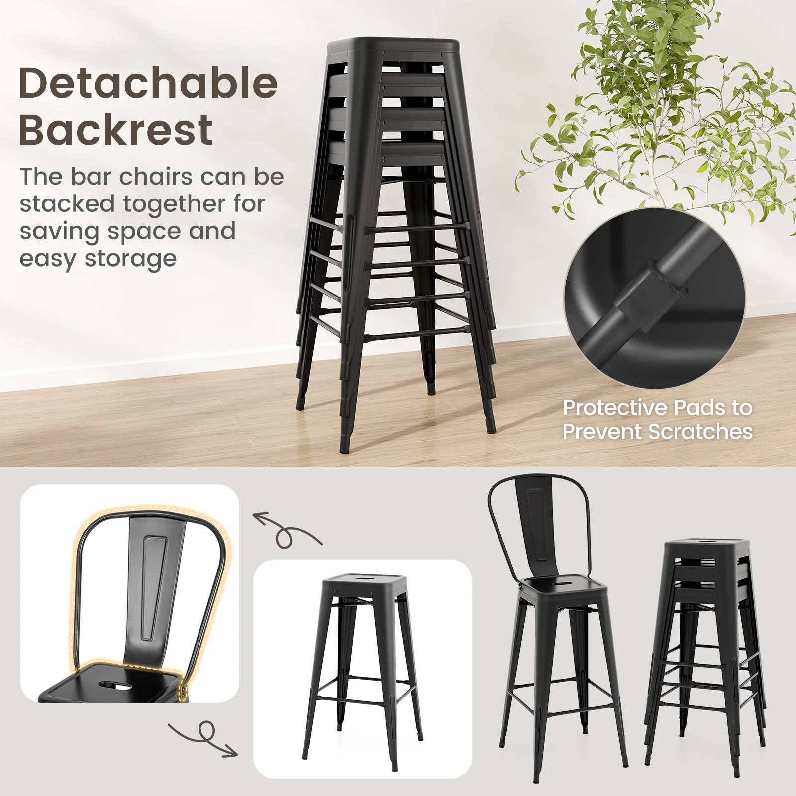 Stackable Metal Bar Stools, Set of 4, Removable Backrest, Black - Image 9