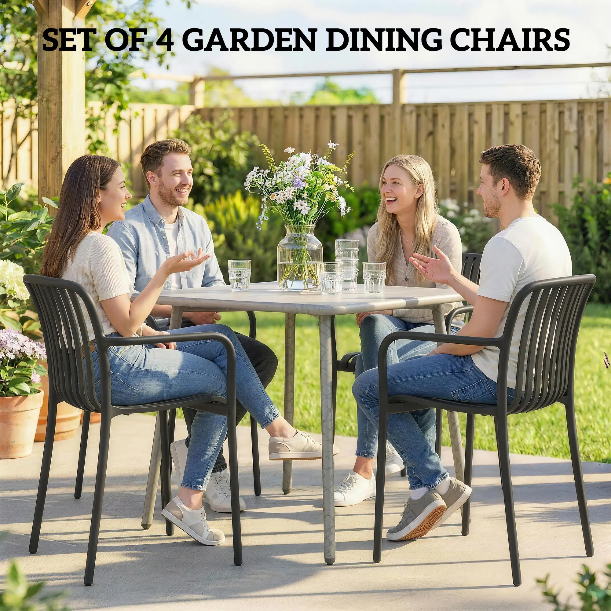 Stackable Patio Chairs Set of 4, Outdoor Dining, Black - Image 4