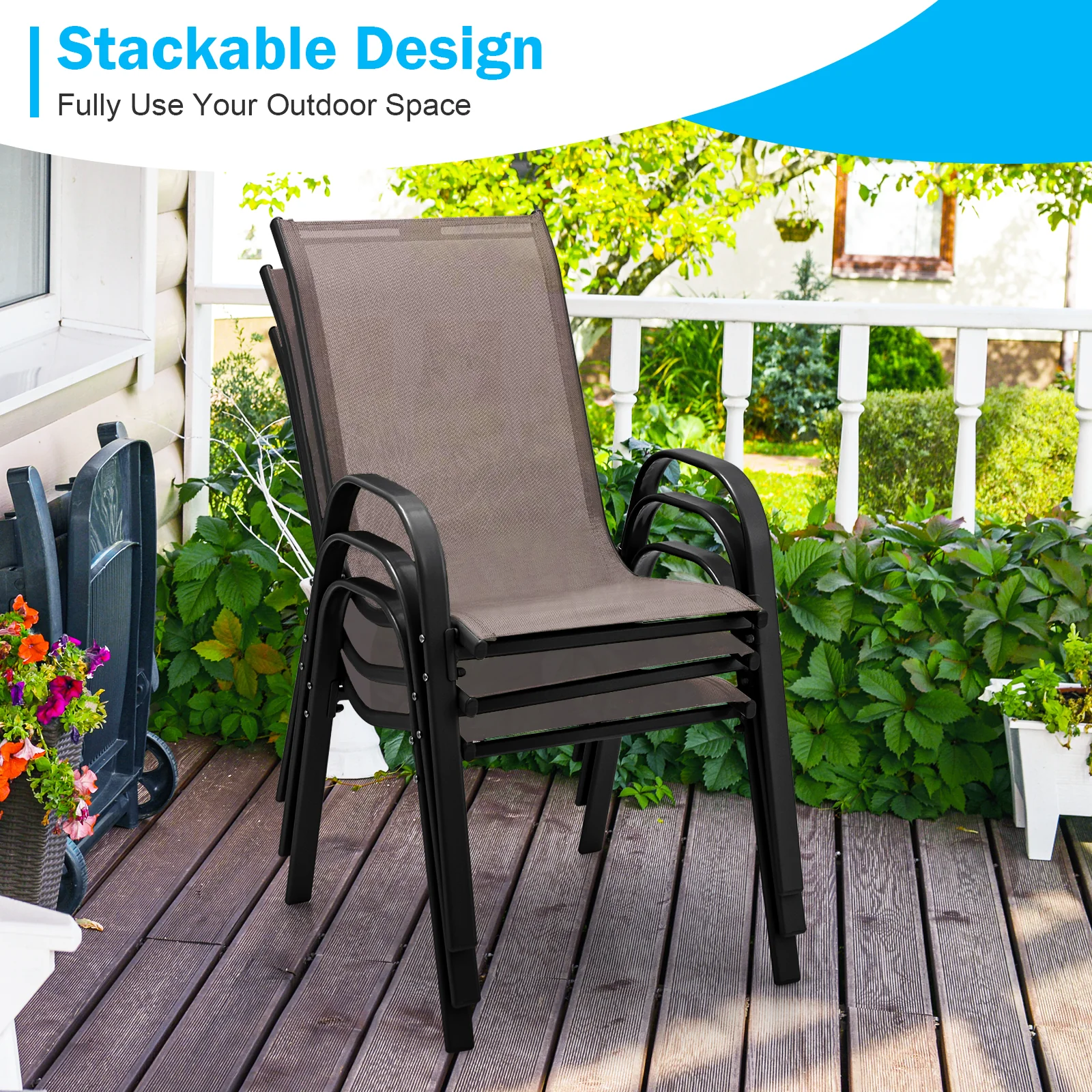 Stackable Patio Dining Chairs, Set of 2, Brown - Image 9