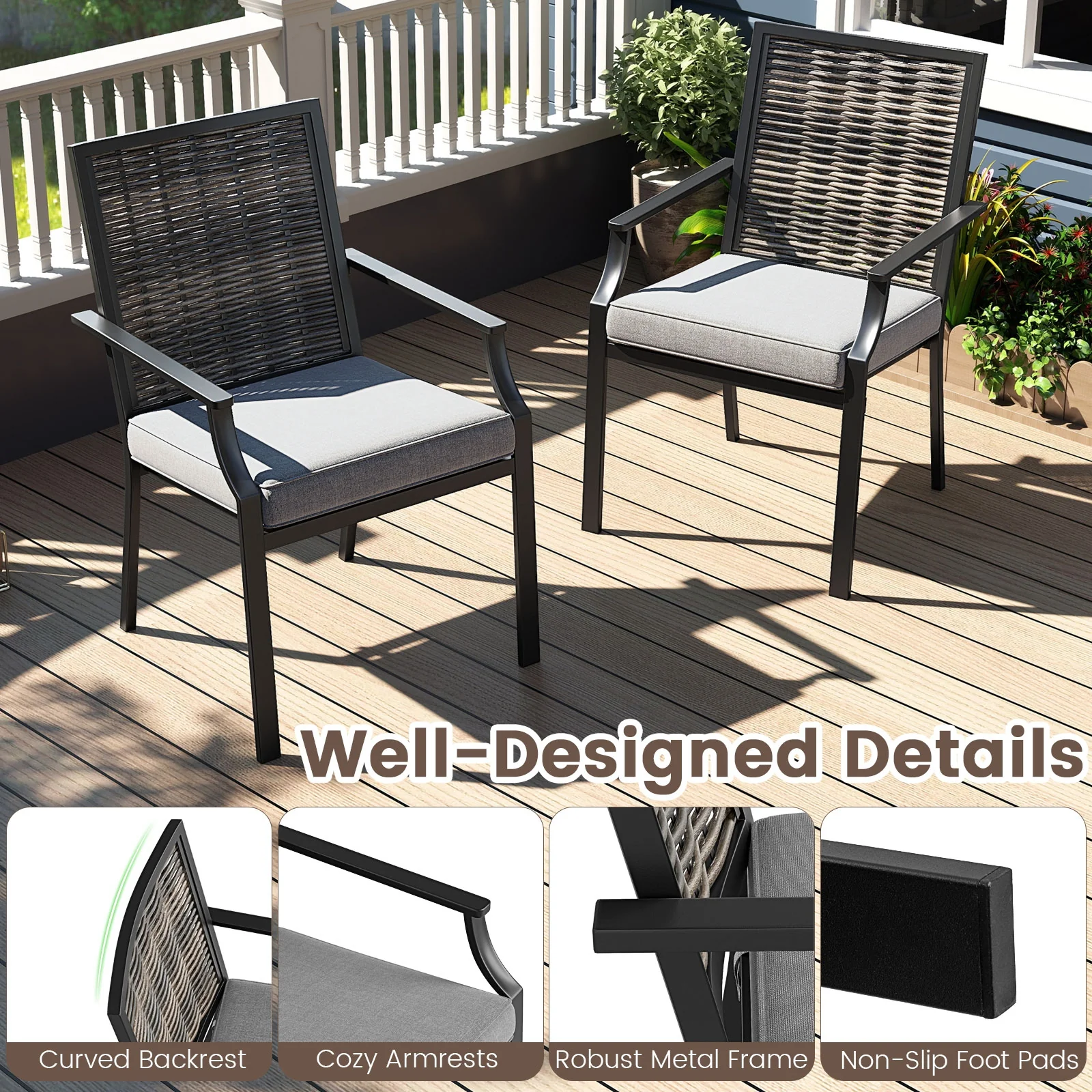 Stackable Rattan Armchairs Set Of 2, With Removable Cushions, Grey - Image 10