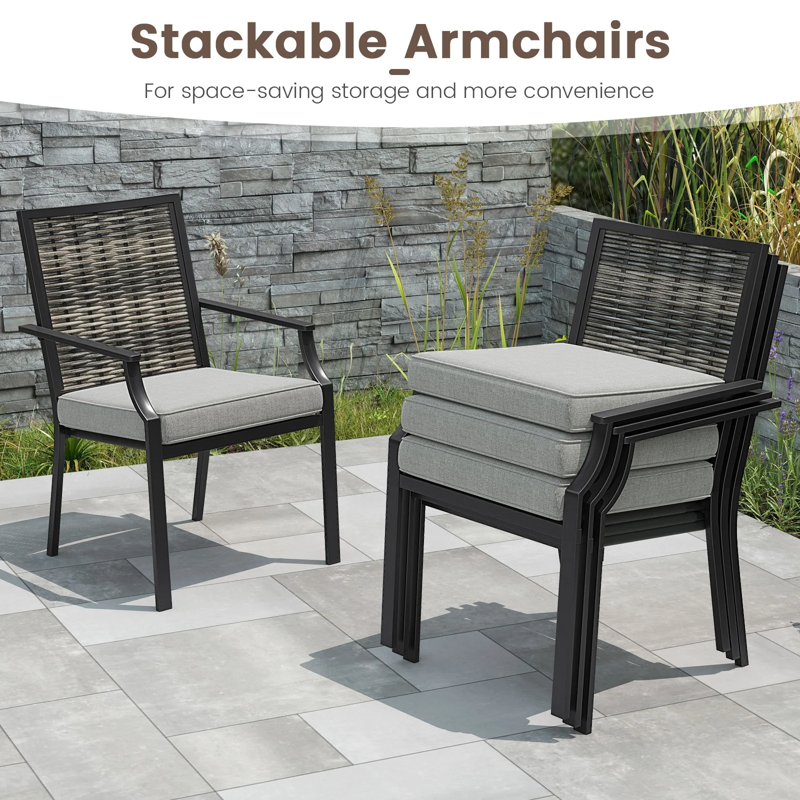 Stackable Rattan Armchairs Set Of 2, With Removable Cushions, Grey - Image 9