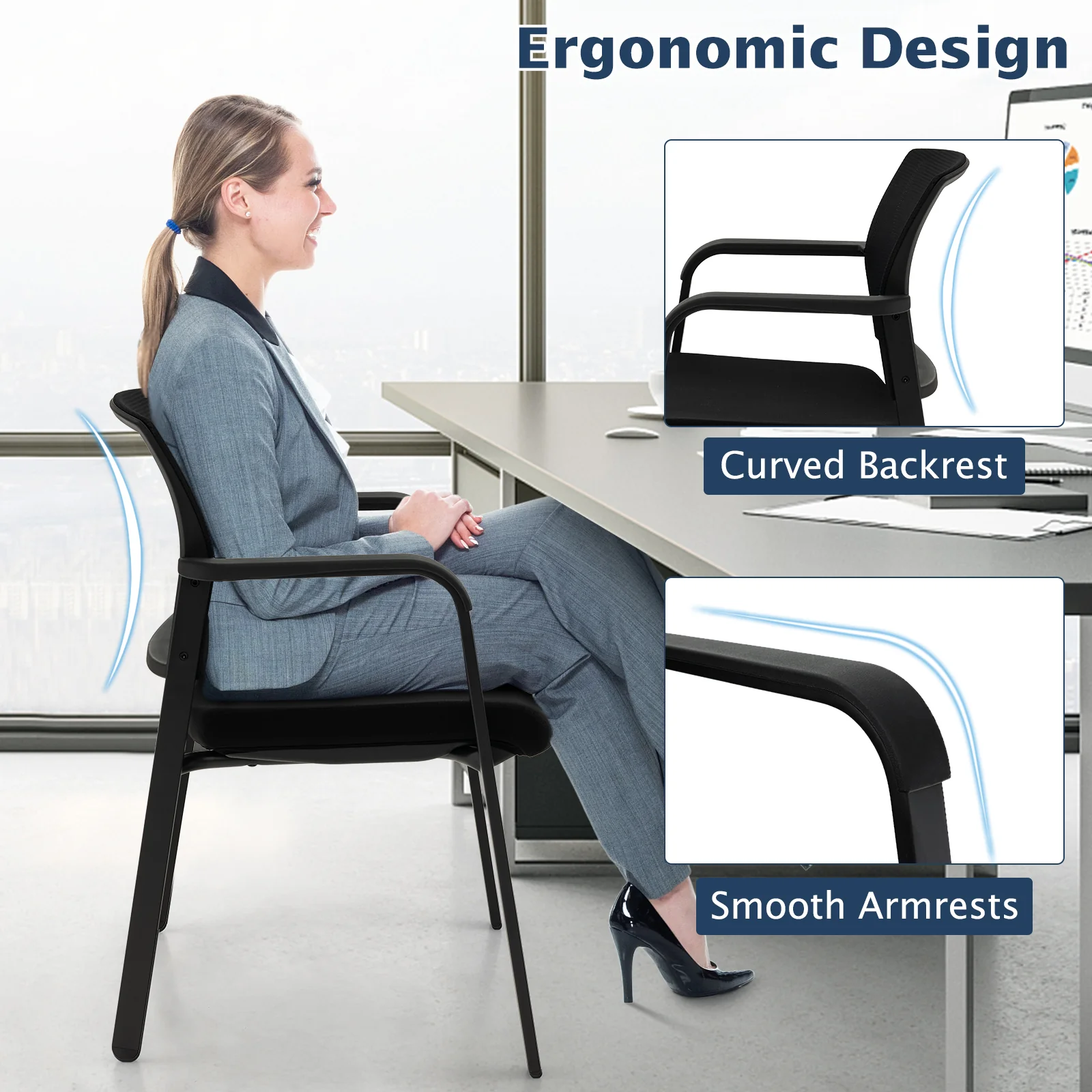 Stackable Reception Chairs, Set of 2, Black - Image 9
