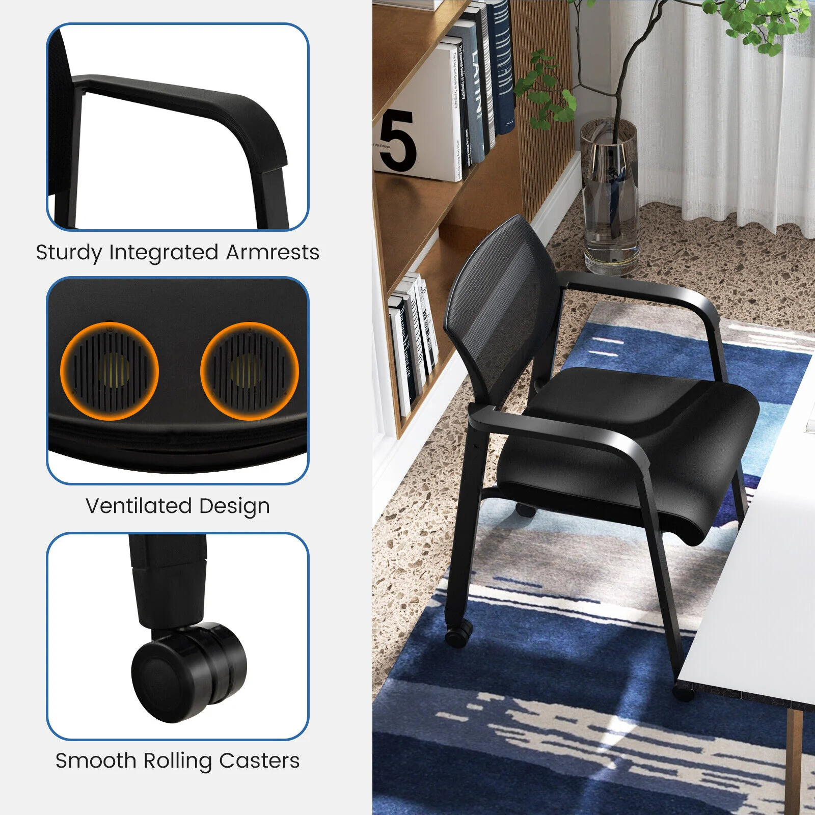 Stackable Rolling Office Chairs, Mesh Backrest, Set of 2, Black - Image 10