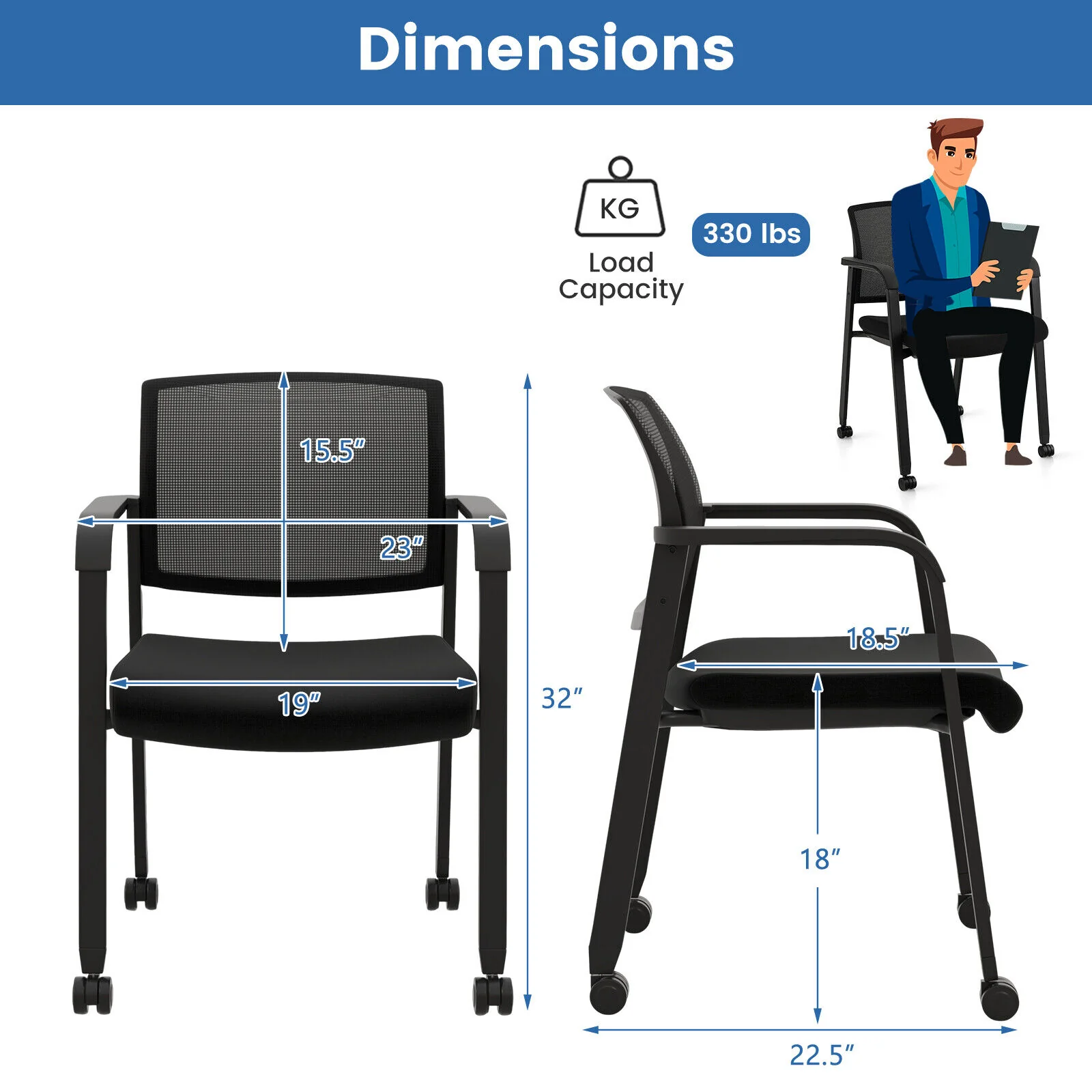 Stackable Rolling Office Chairs, Mesh Backrest, Set of 2, Black - Image 5
