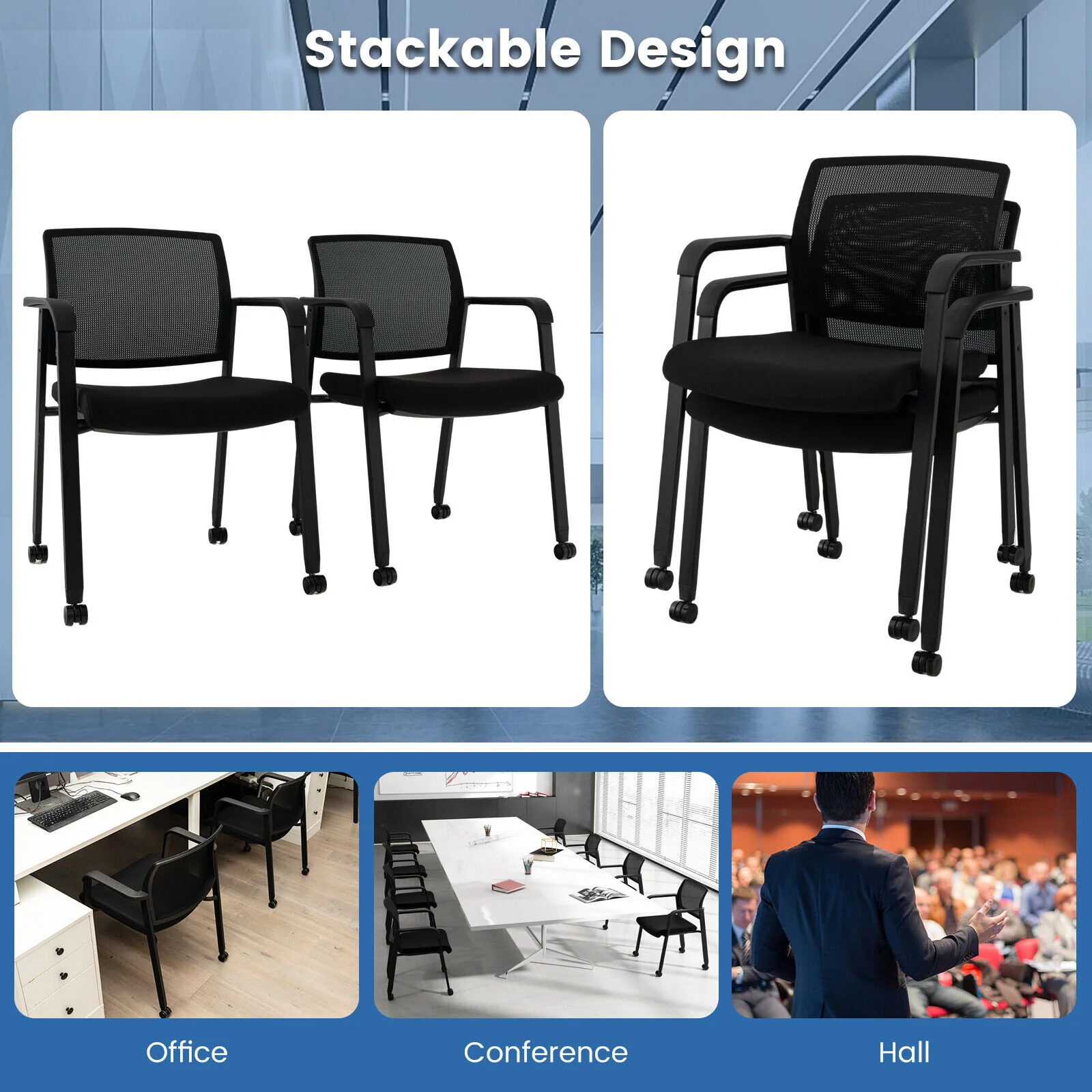 Stackable Rolling Office Chairs, Mesh Backrest, Set of 2, Black - Image 8