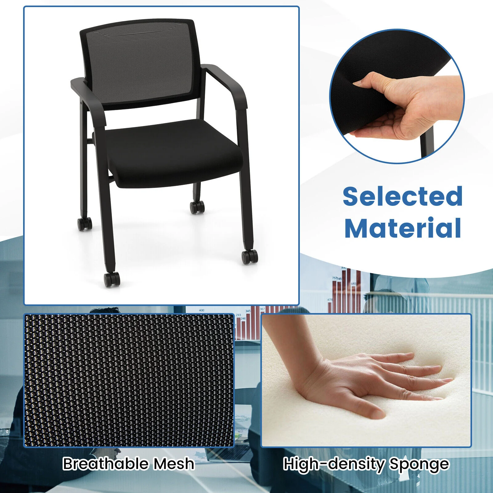Stackable Rolling Office Chairs, Mesh Backrest, Set of 2, Black - Image 9