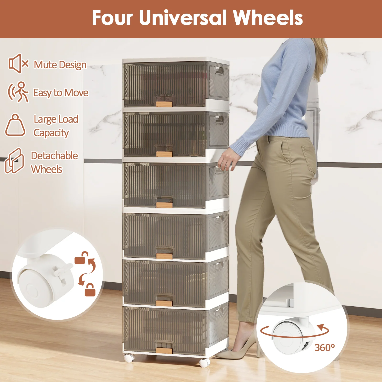 Stackable Storage Bins, 6 Cube, Detachable Wheels, White - Image 10