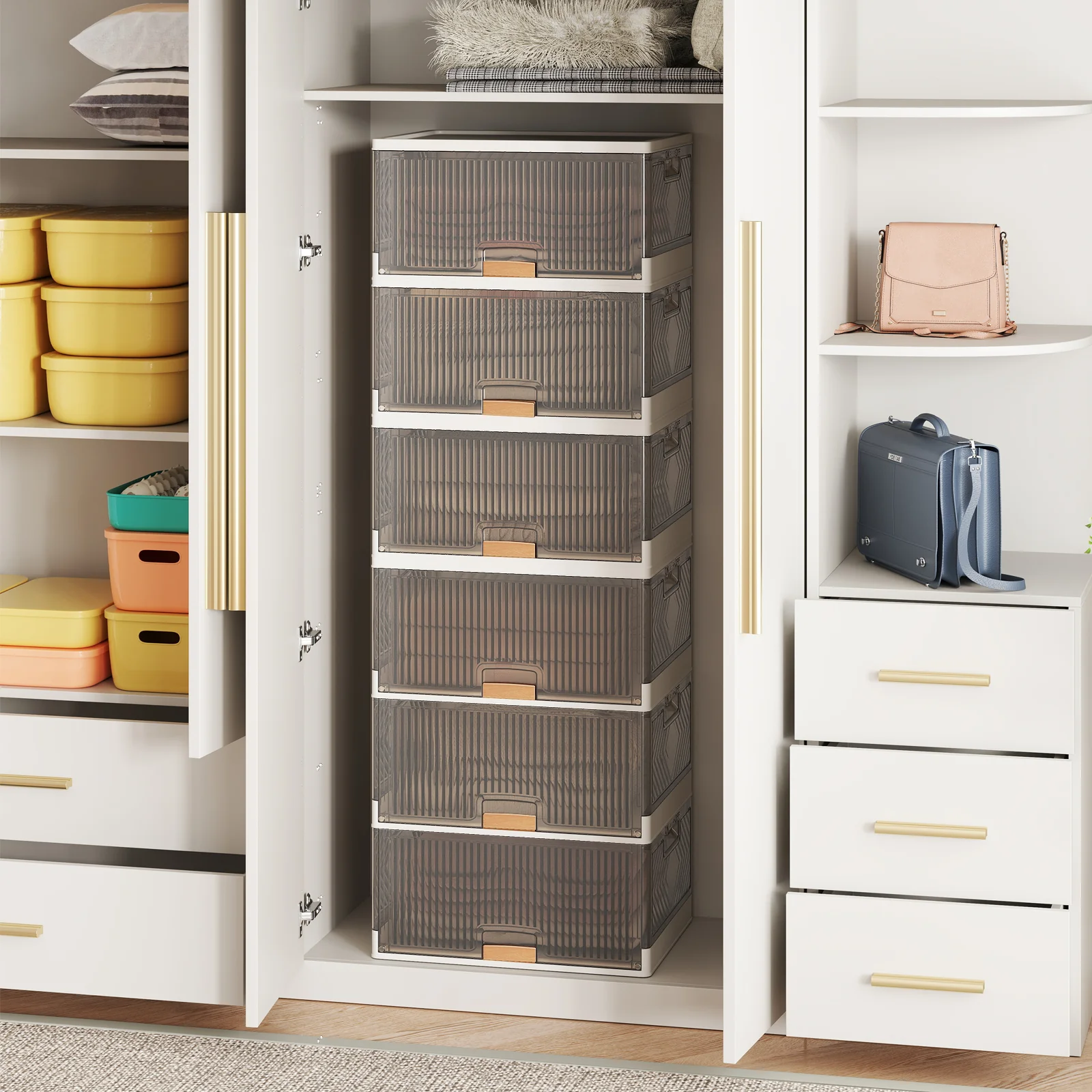 Stackable Storage Bins, 6 Cube, Detachable Wheels, White - Image 3