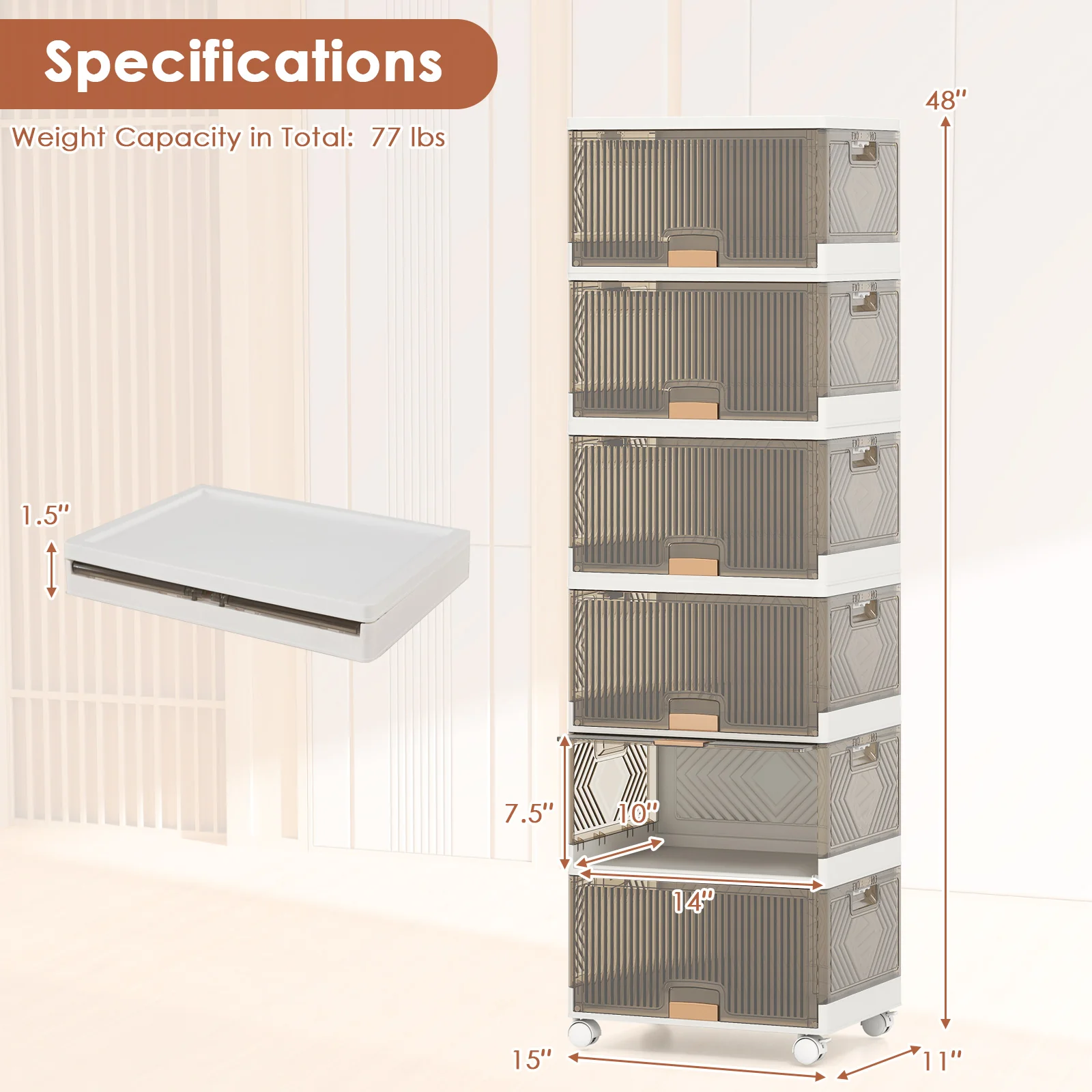 Stackable Storage Bins, 6 Cube, Detachable Wheels, White - Image 6