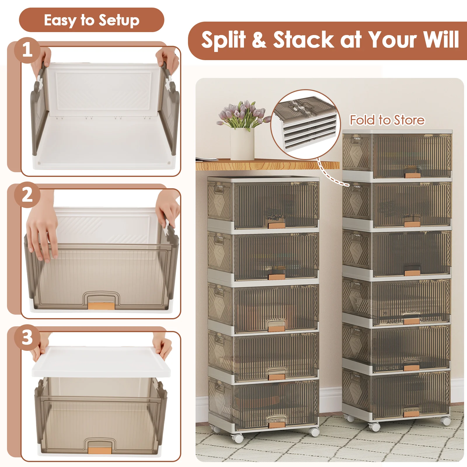 Stackable Storage Bins, 6 Cube, Detachable Wheels, White - Image 9