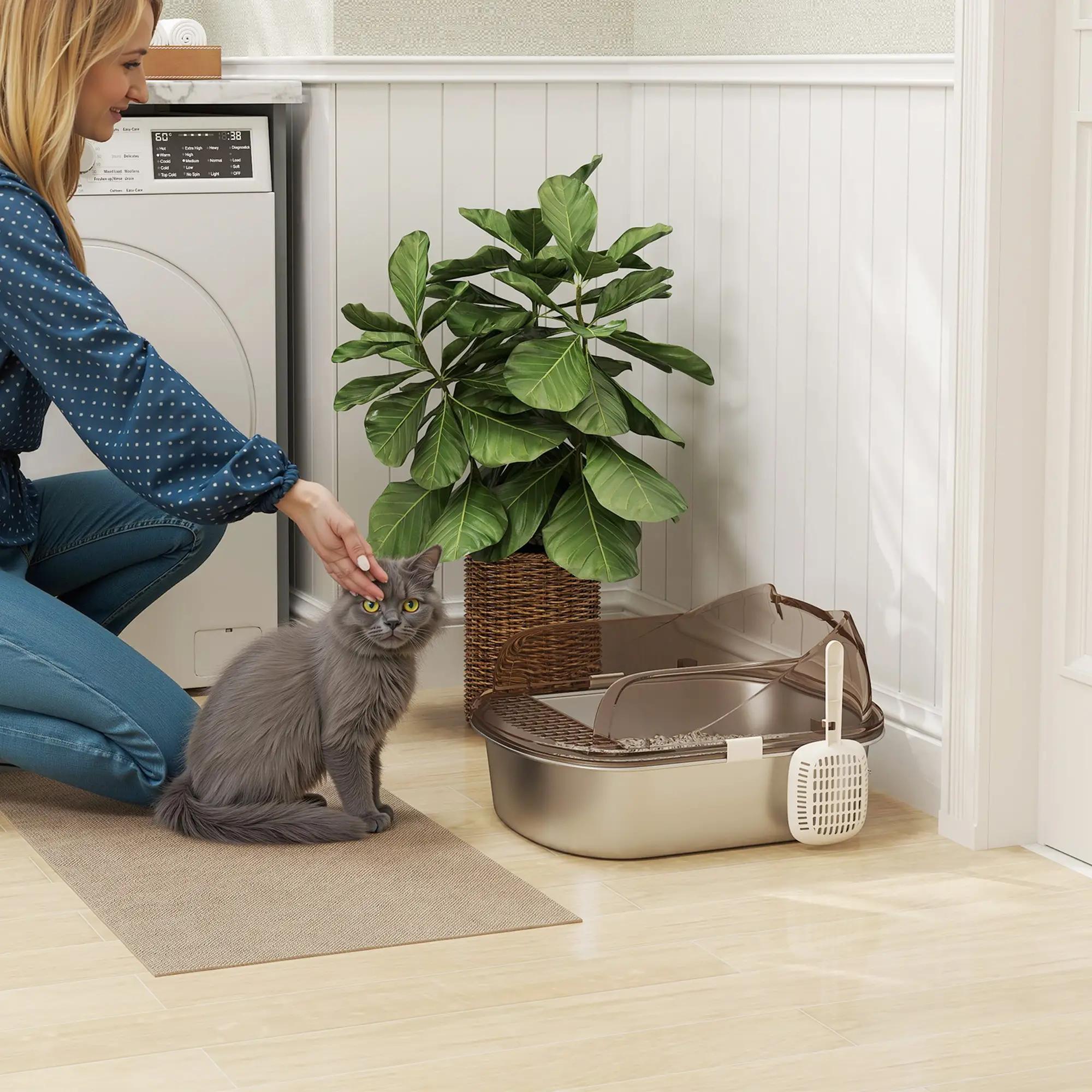 Stainless Steel Cat Litter Box, High Sided, Steps, Scoop, Anti-Leak - Image 2