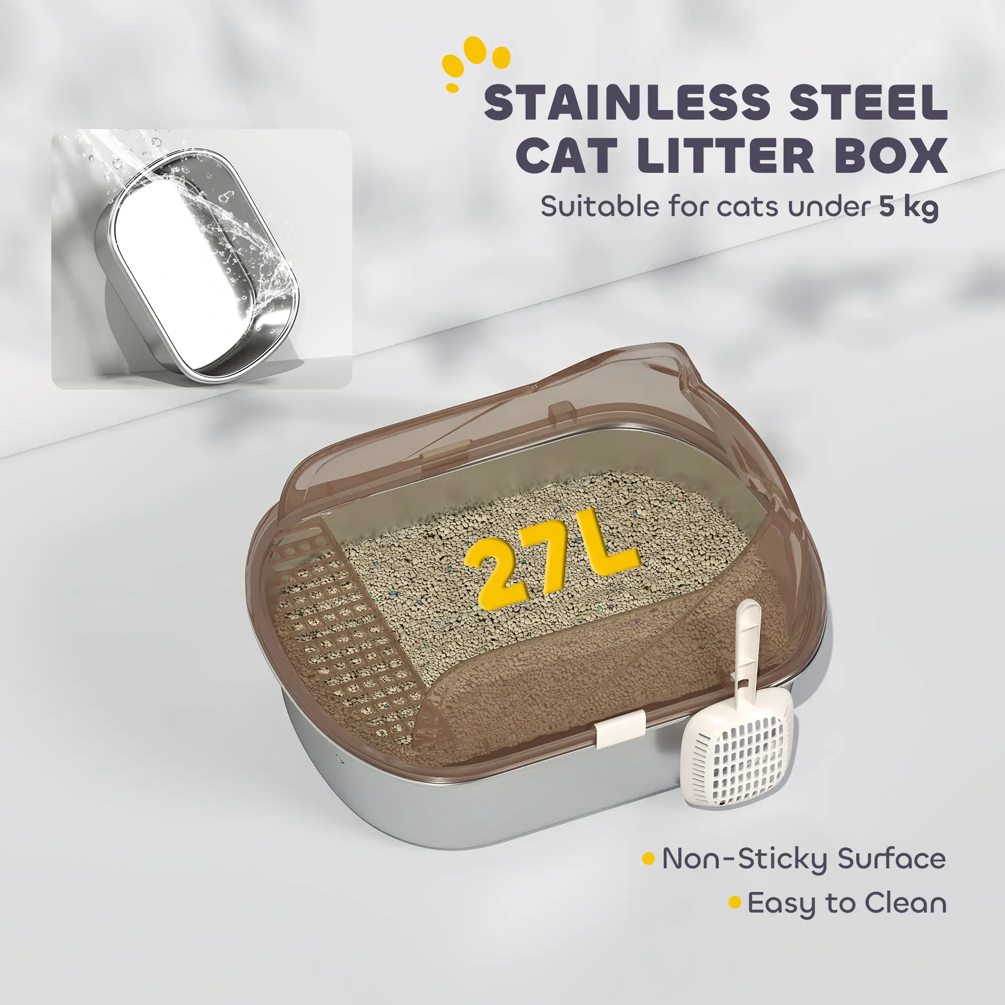 Stainless Steel Cat Litter Box, High Sided, Steps, Scoop, Anti-Leak - Image 5