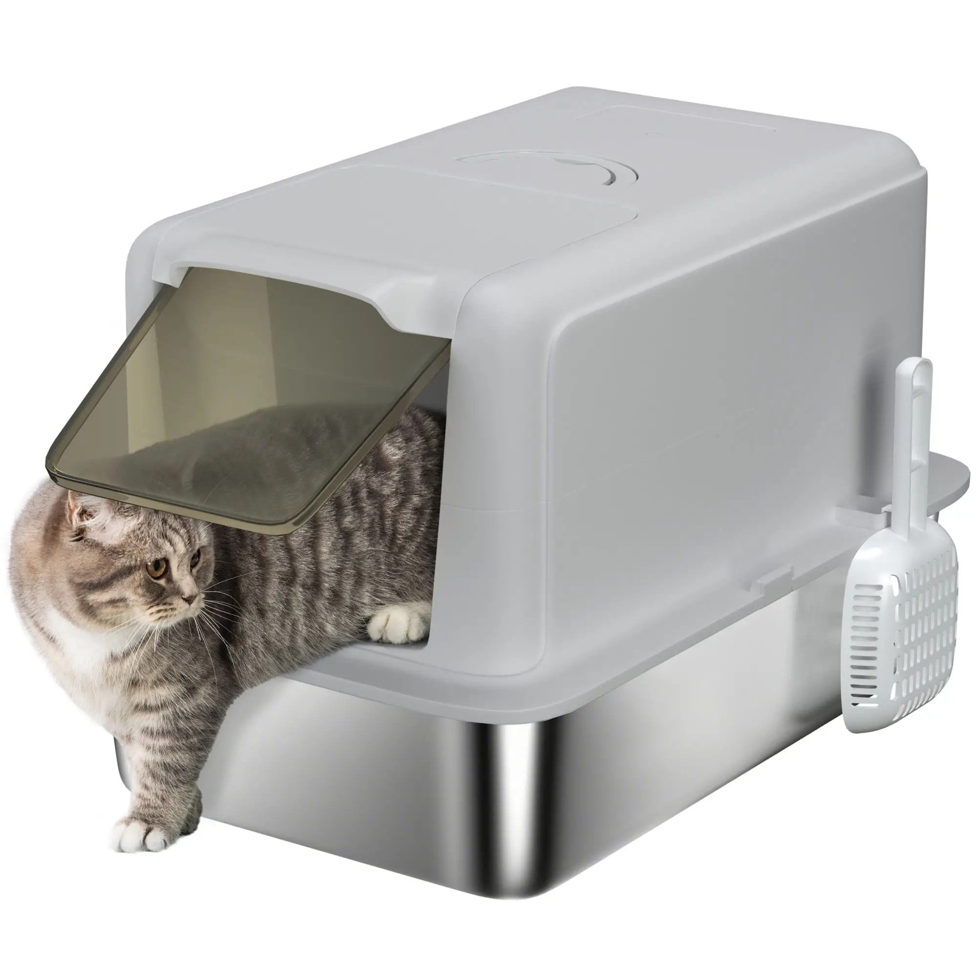 Stainless Steel Cat Litter Box, Removable Lid & Scoop, Grey - Image 11