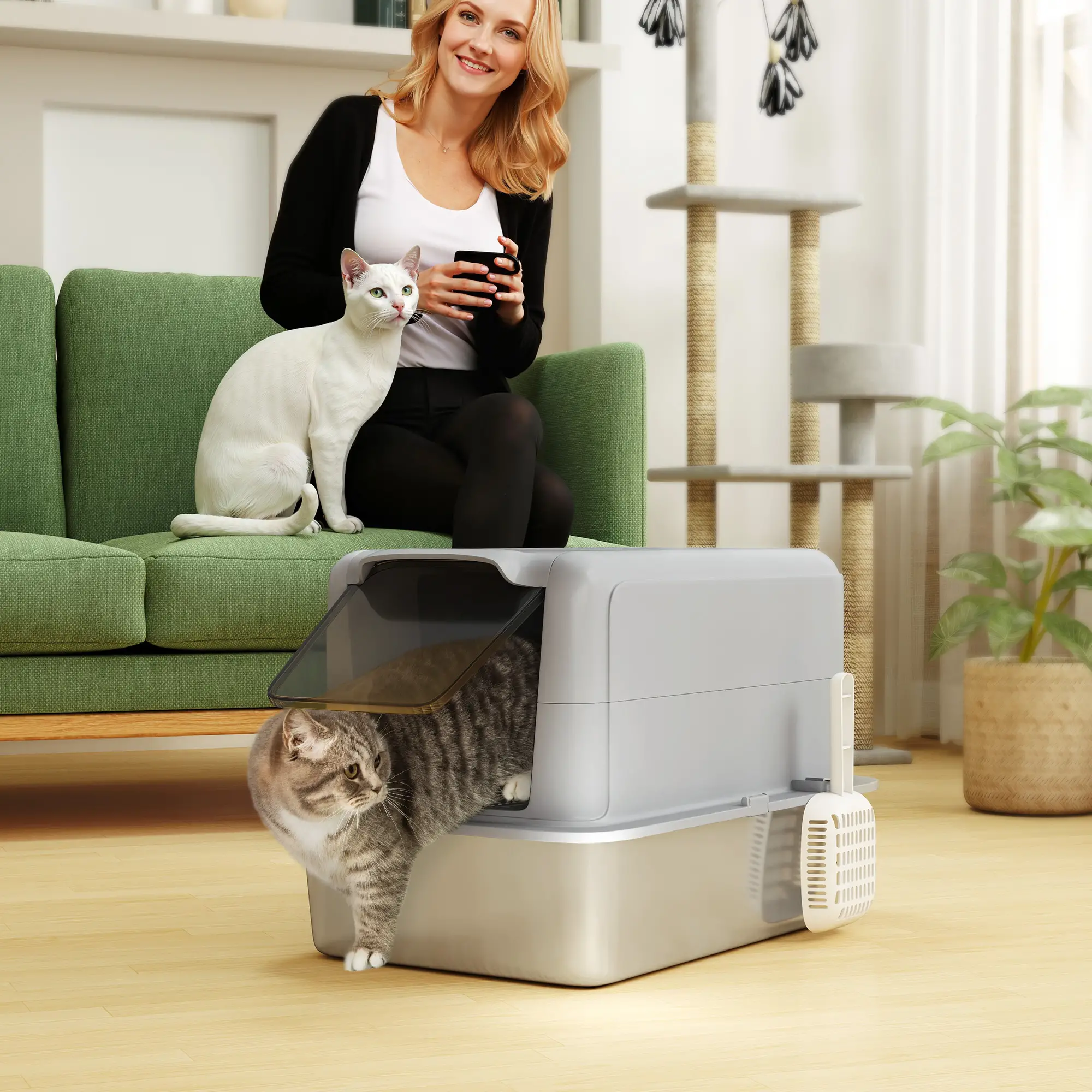 Stainless Steel Cat Litter Box, Removable Lid & Scoop, Grey - Image 2