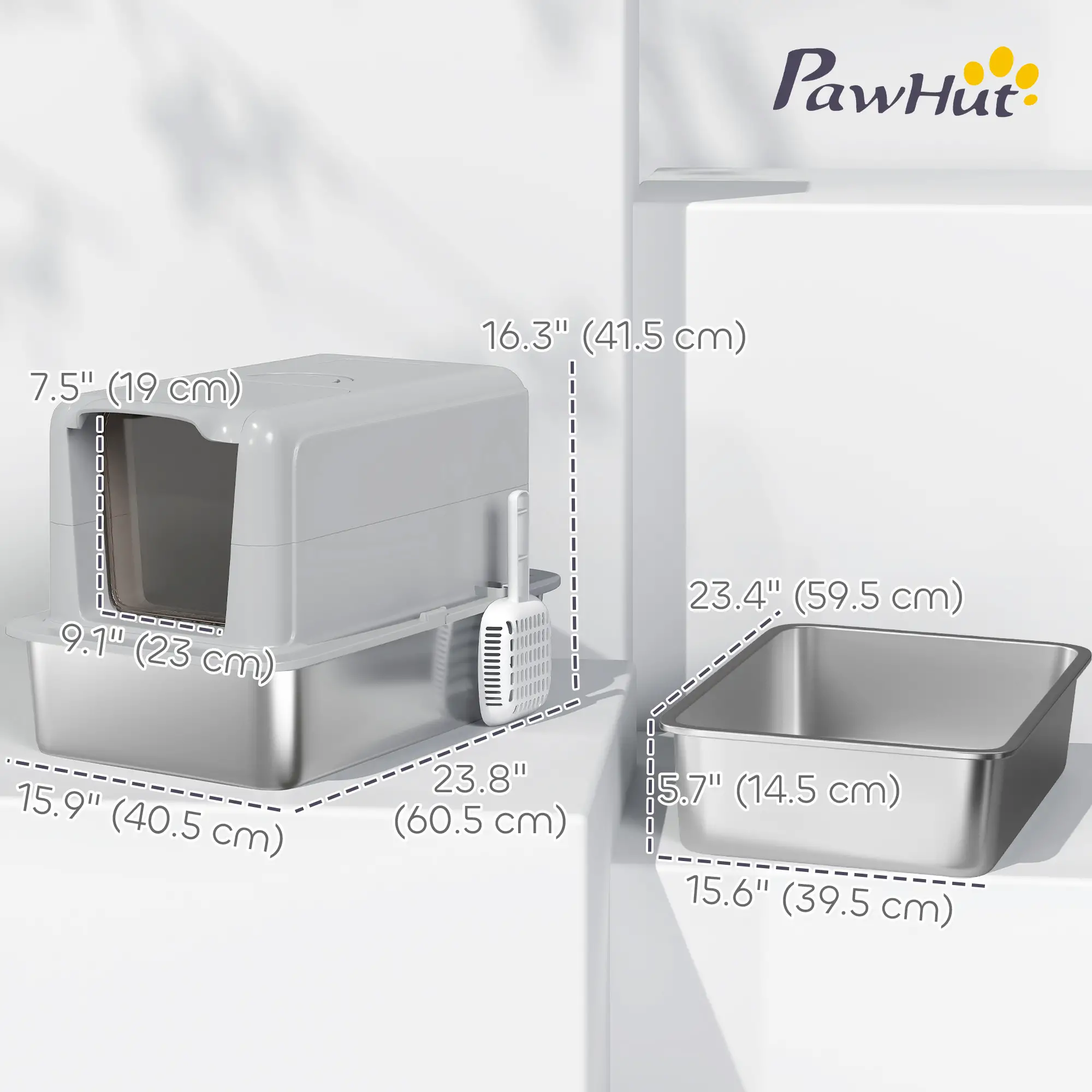 Stainless Steel Cat Litter Box, Removable Lid & Scoop, Grey - Image 3