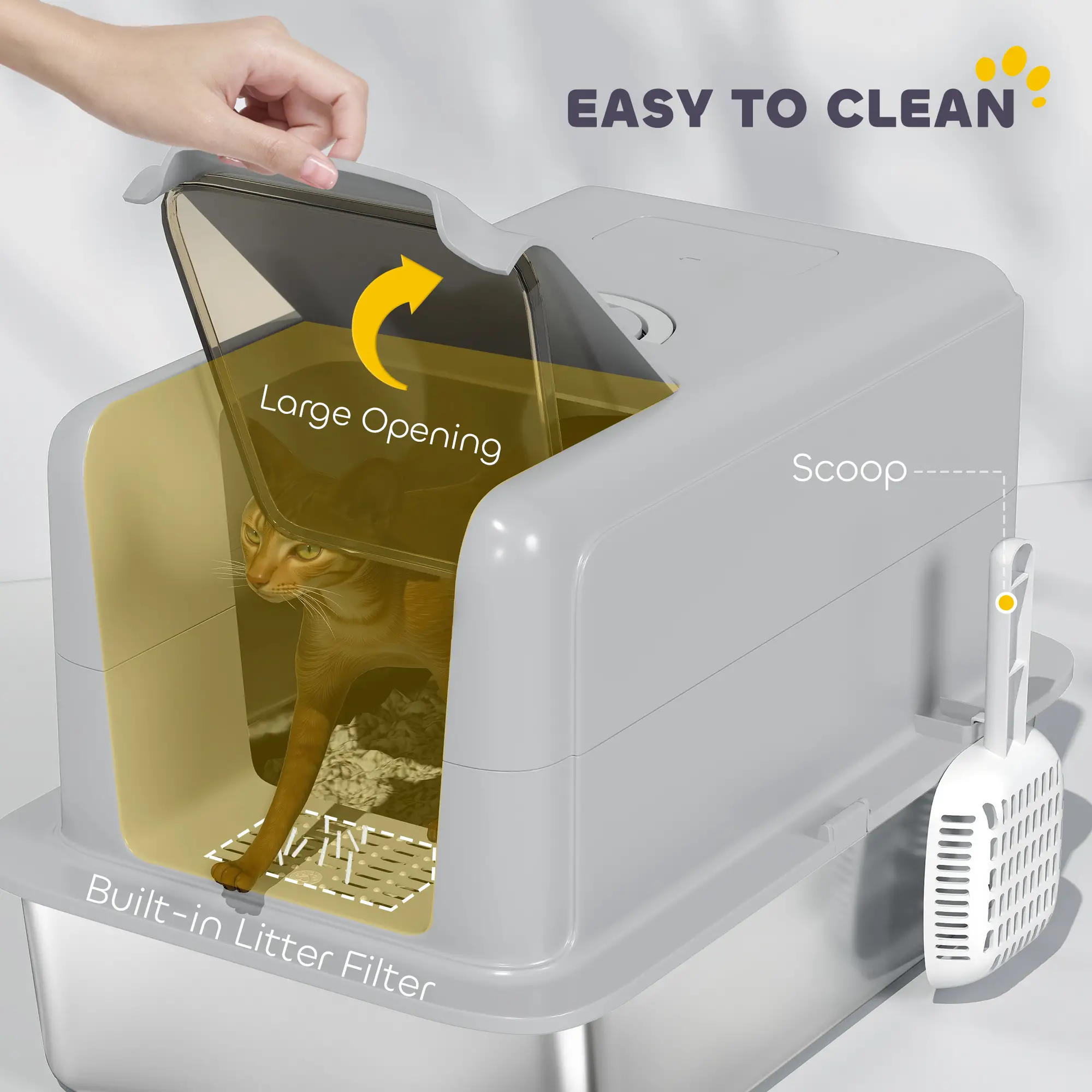 Stainless Steel Cat Litter Box, Removable Lid & Scoop, Grey - Image 7
