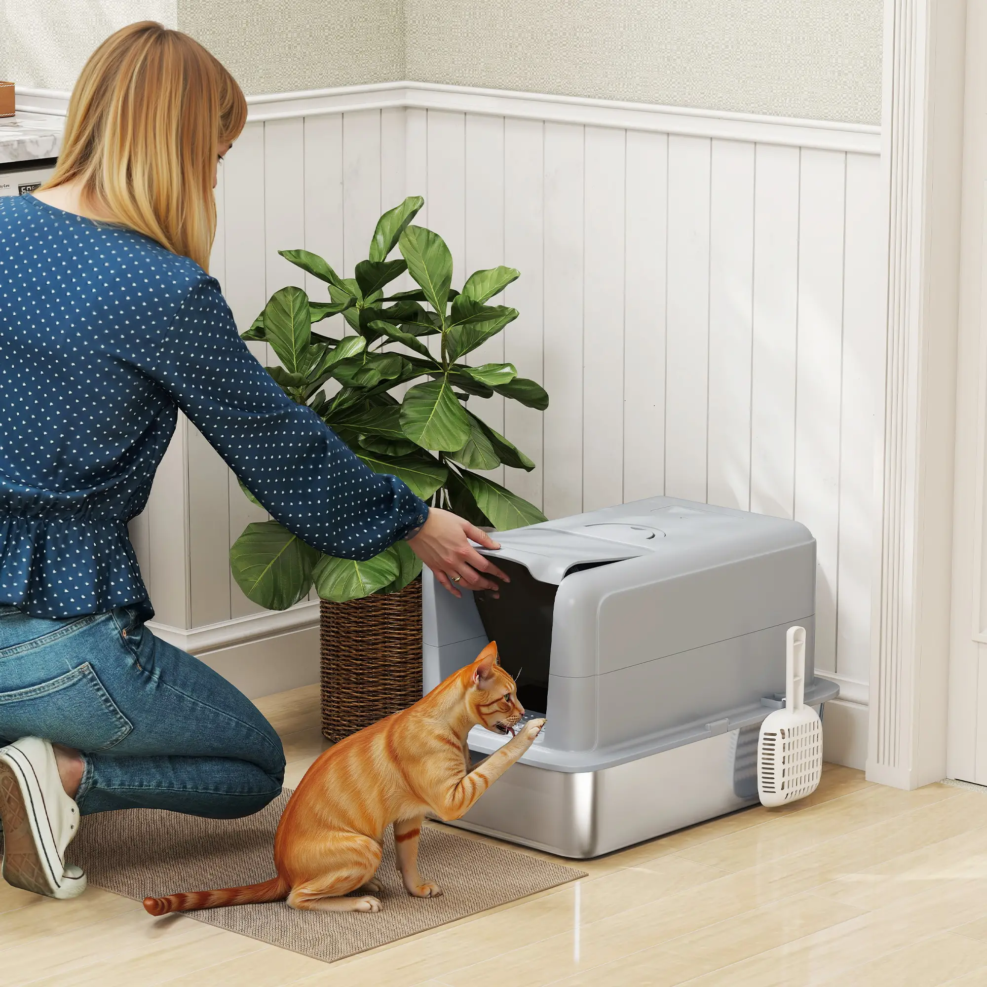 Stainless Steel Cat Litter Box, Removable Lid & Scoop, Grey - Image 8