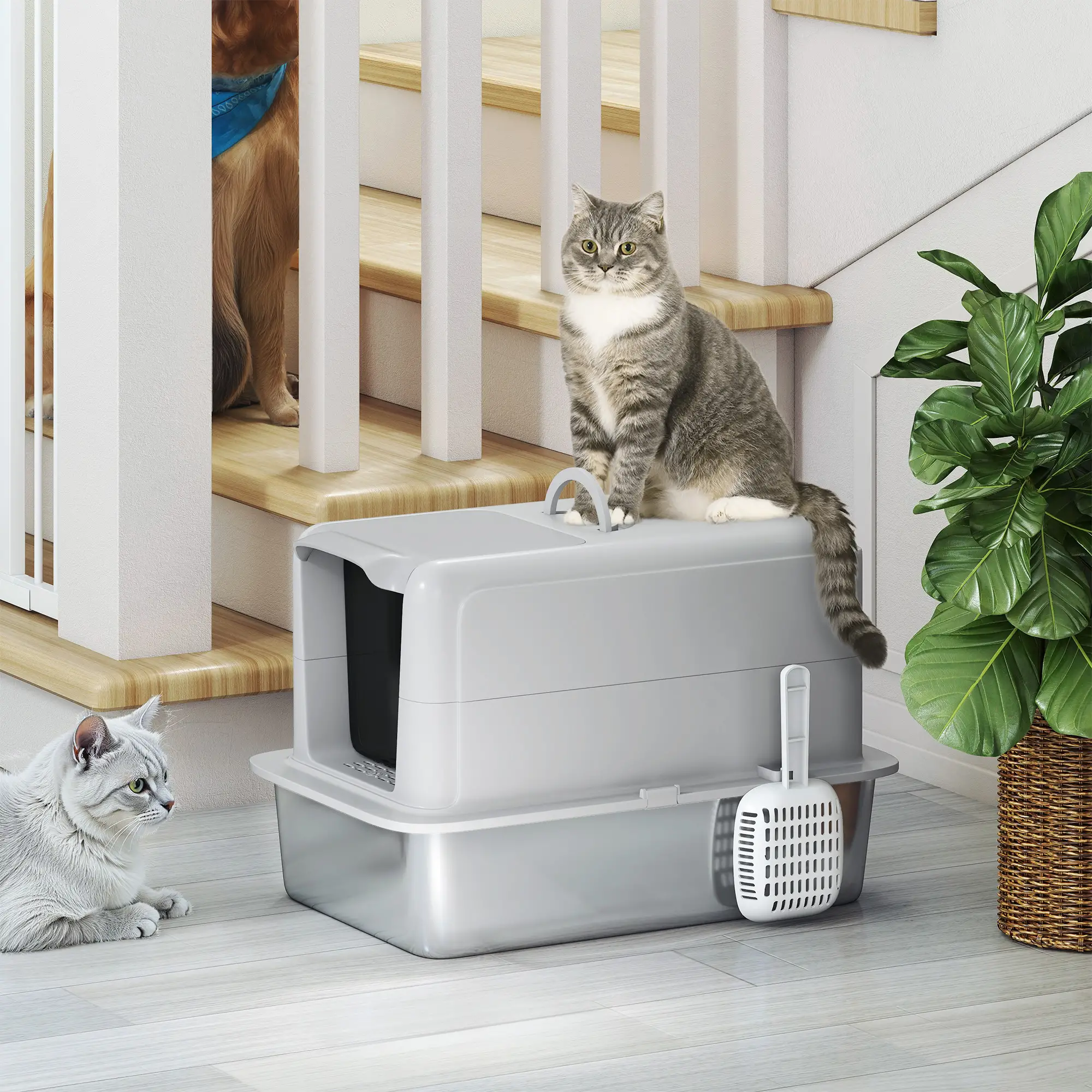 Stainless Steel Cat Litter Box, Removable Lid & Scoop, Grey - Image 9