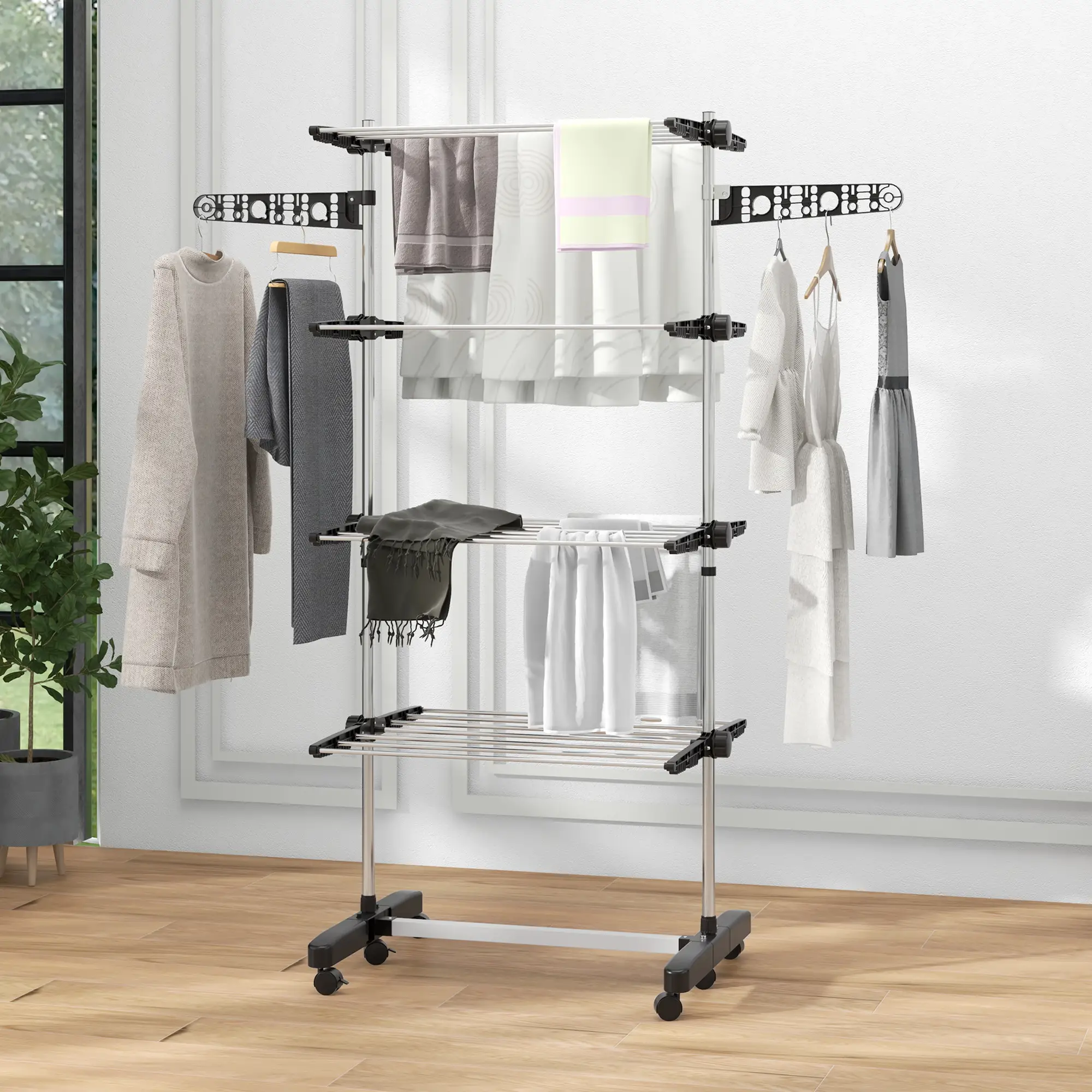 Stainless Steel Folding Clothes Drying Rack, Side Wings, Castors, Indoor Outdoor, Black - Image 8