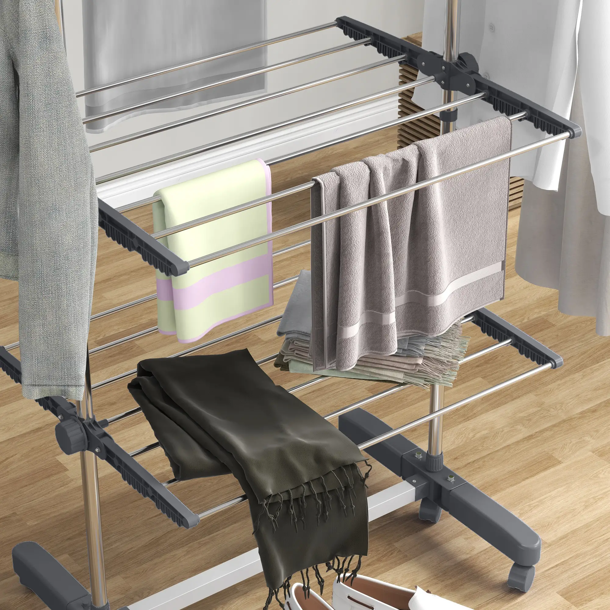 Stainless Steel Folding Clothes Drying Rack, Side Wings, Castors, Indoor Outdoor, Grey - Image 10