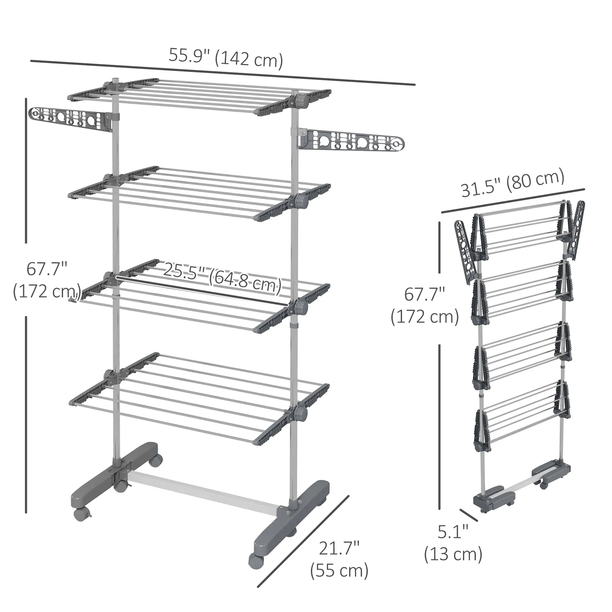 Stainless Steel Folding Clothes Drying Rack, Side Wings, Castors, Indoor Outdoor, Grey - Image 3