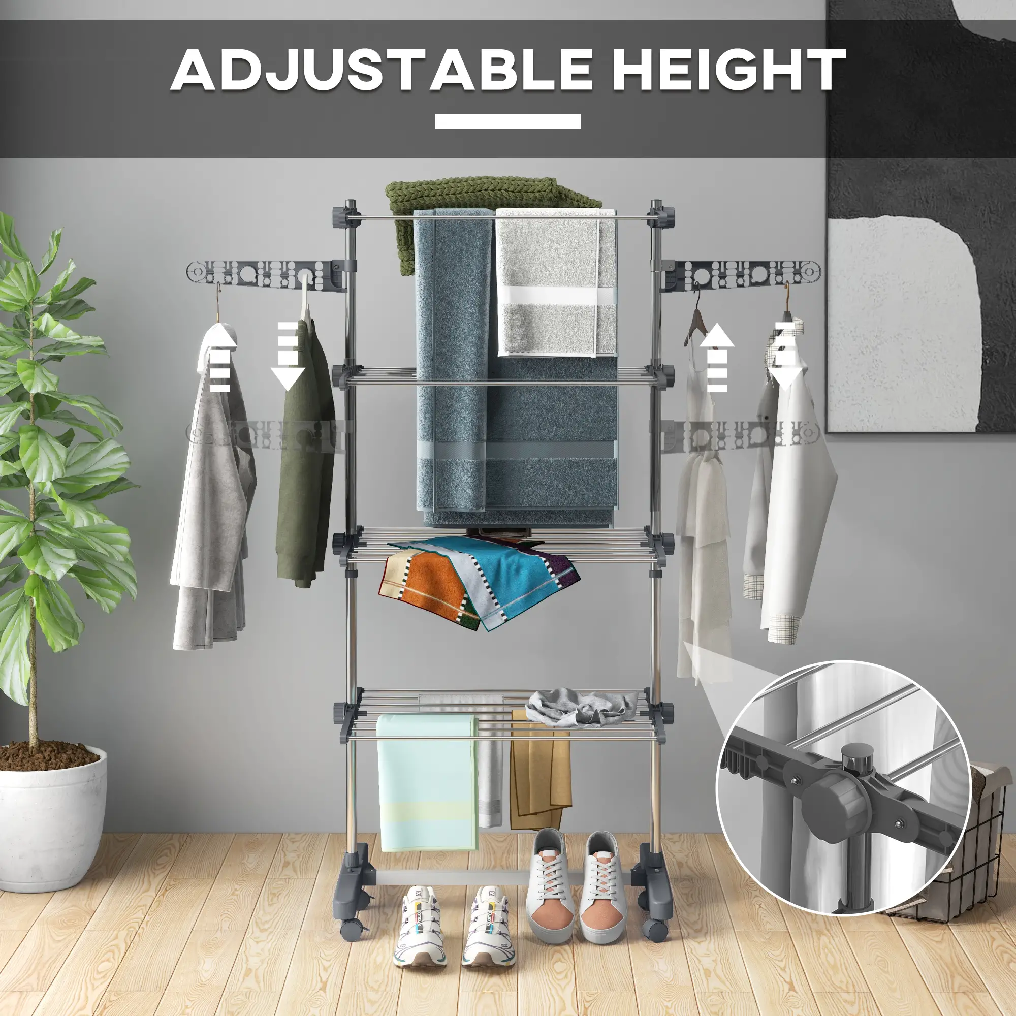 Stainless Steel Folding Clothes Drying Rack, Side Wings, Castors, Indoor Outdoor, Grey - Image 4