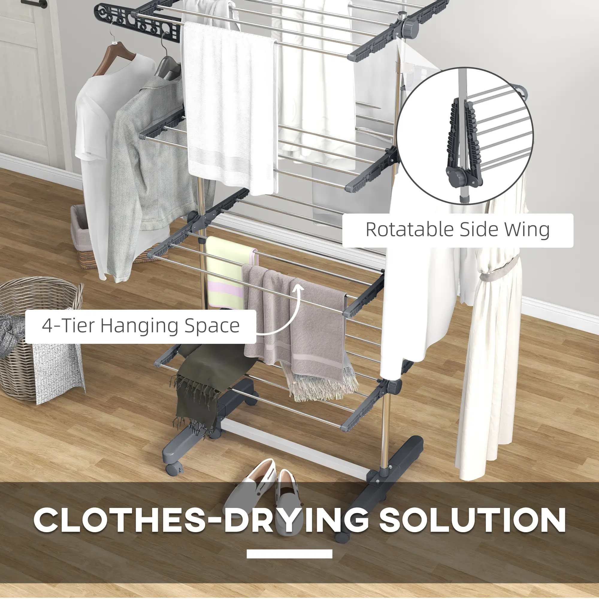 Stainless Steel Folding Clothes Drying Rack, Side Wings, Castors, Indoor Outdoor, Grey - Image 5