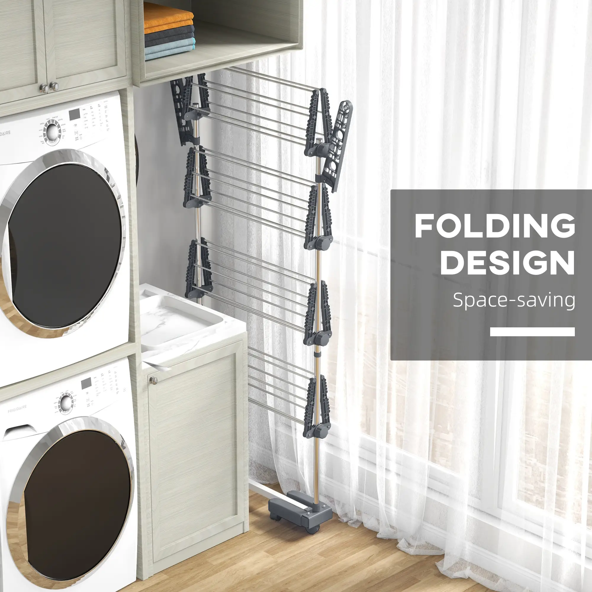 Stainless Steel Folding Clothes Drying Rack, Side Wings, Castors, Indoor Outdoor, Grey - Image 6