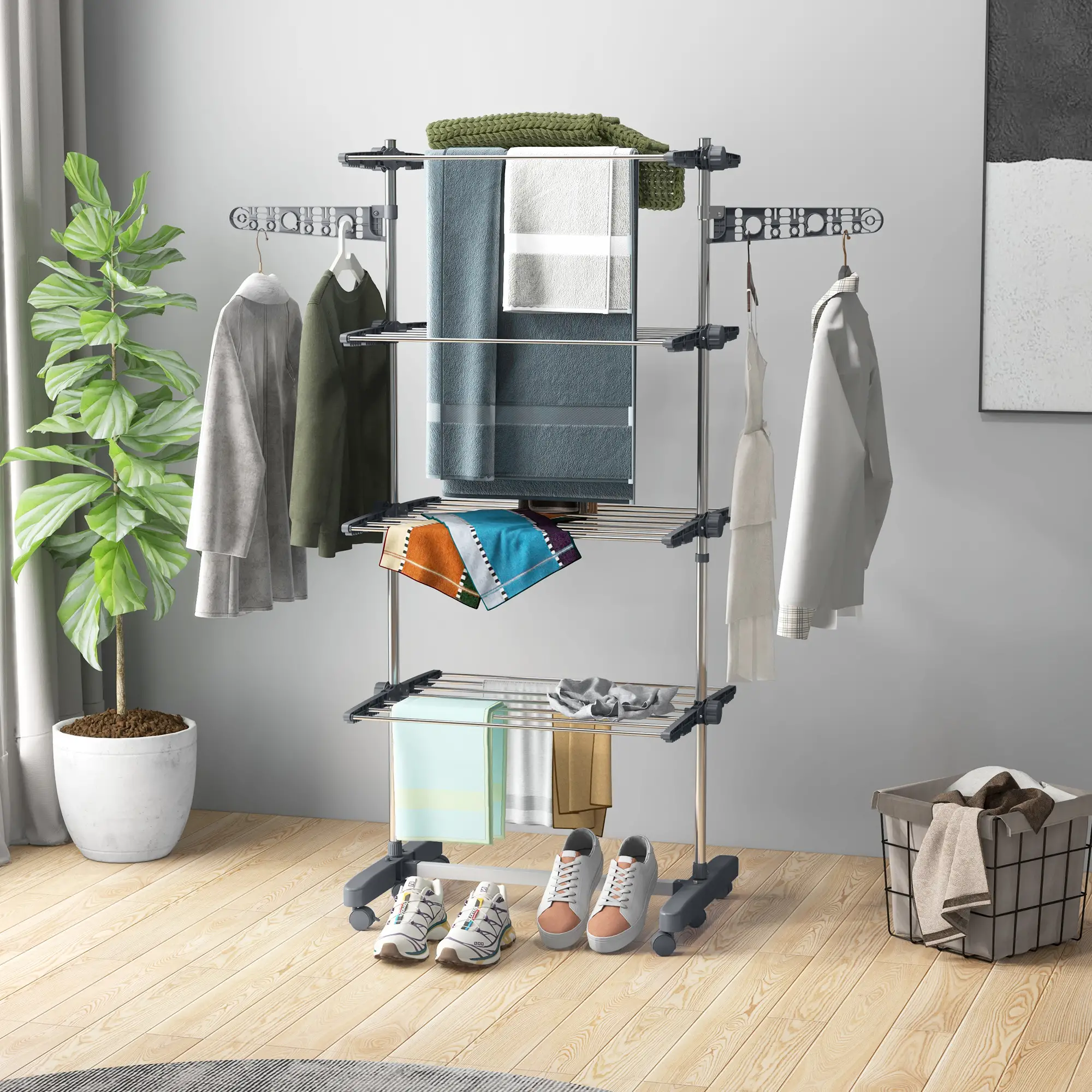 Stainless Steel Folding Clothes Drying Rack, Side Wings, Castors, Indoor Outdoor, Grey - Image 8