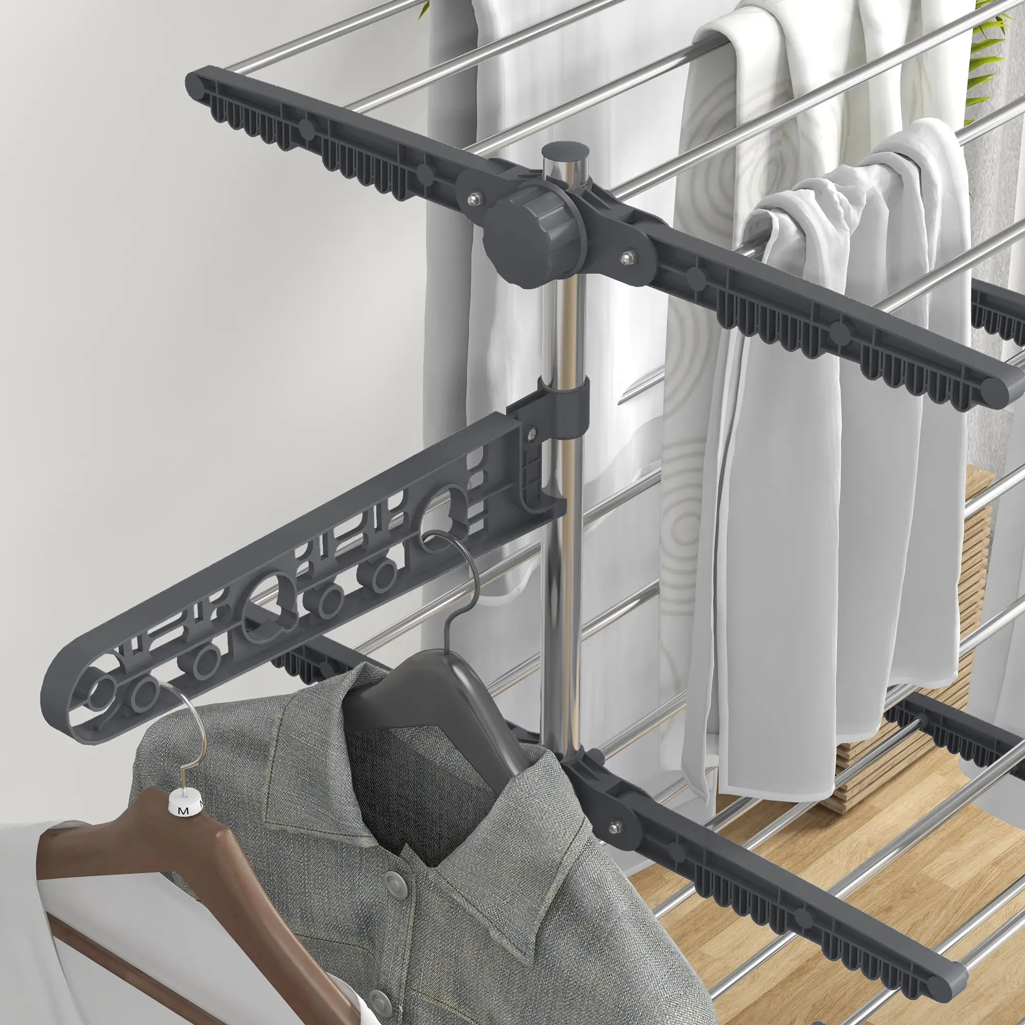Stainless Steel Folding Clothes Drying Rack, Side Wings, Castors, Indoor Outdoor, Grey - Image 9