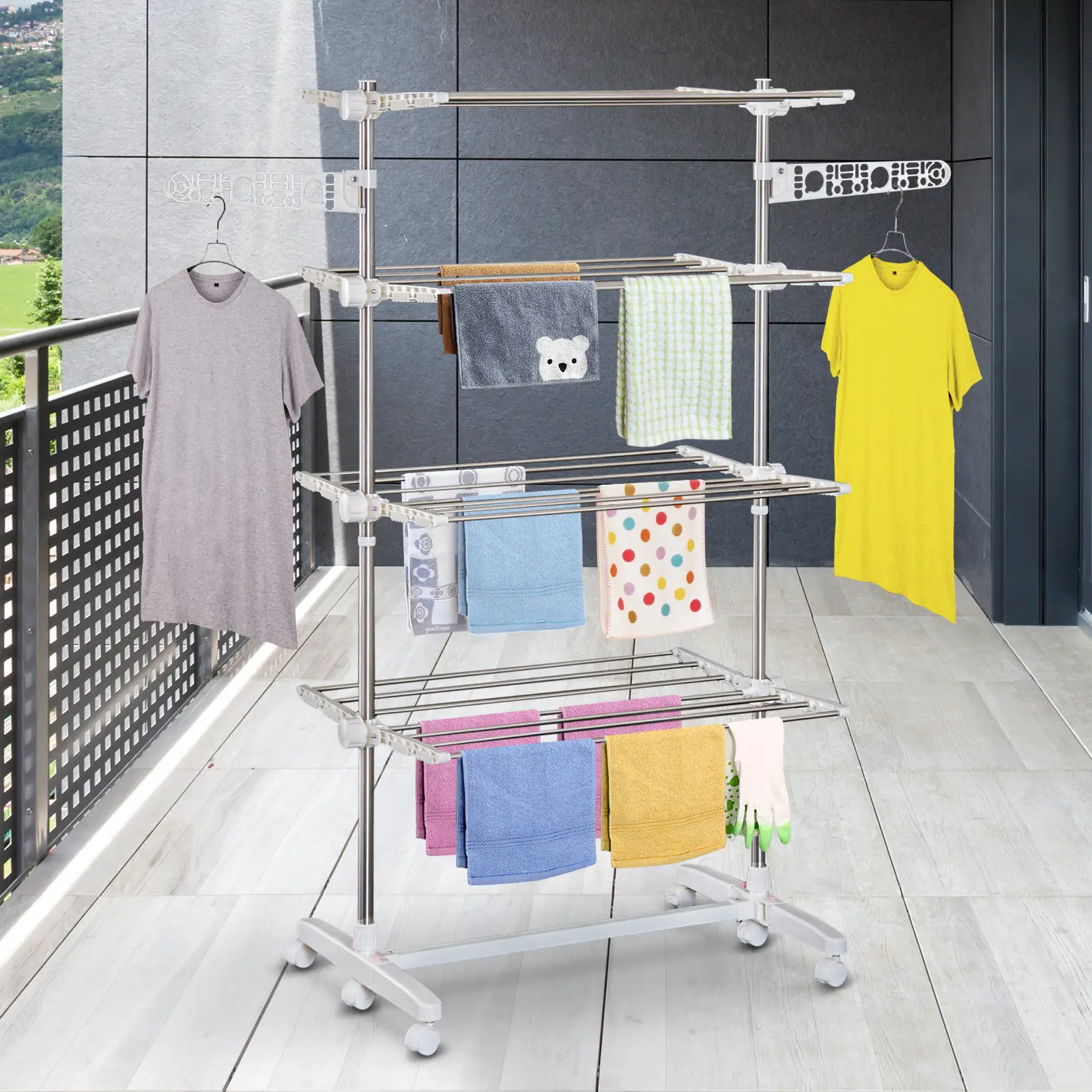 Stainless Steel Folding Clothes Drying Rack, Side Wings, Castors, Indoor Outdoor, White - Image 10