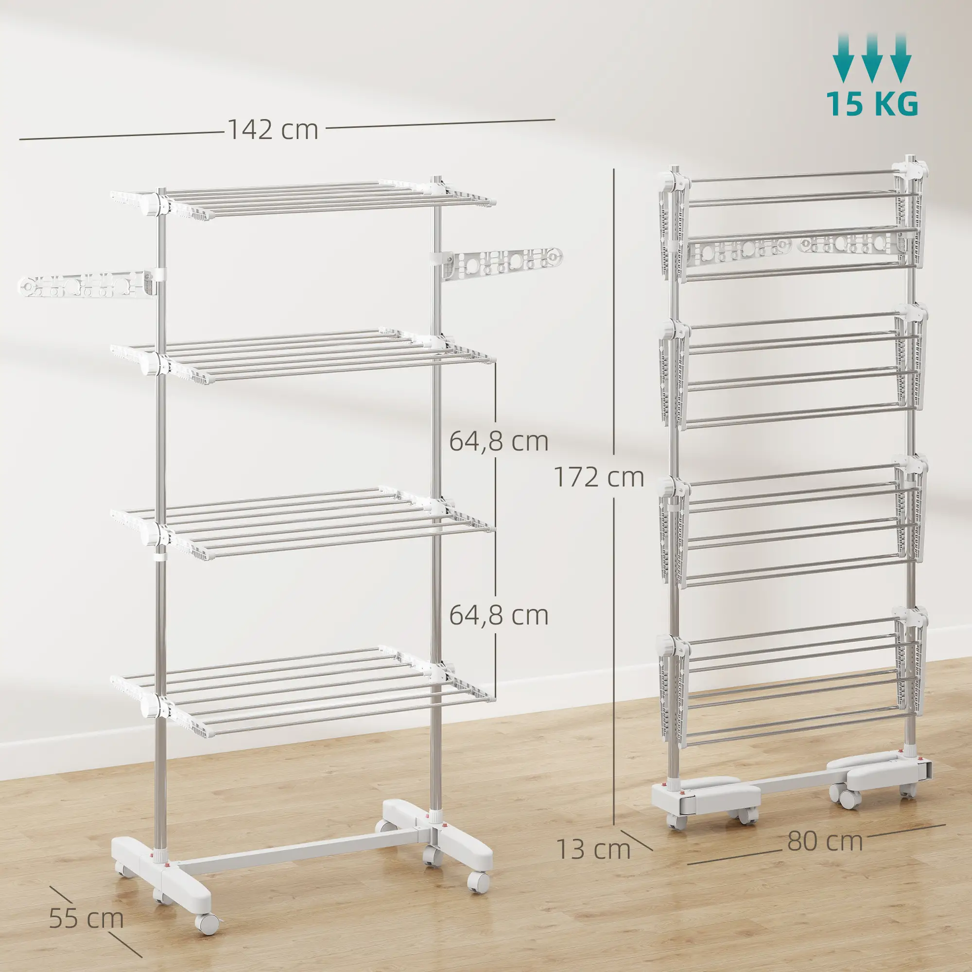Stainless Steel Folding Clothes Drying Rack, Side Wings, Castors, Indoor Outdoor, White - Image 3