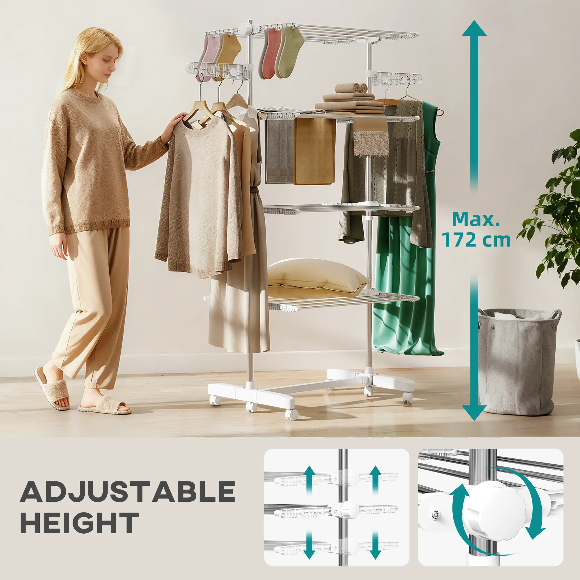 Stainless Steel Folding Clothes Drying Rack, Side Wings, Castors, Indoor Outdoor, White - Image 4