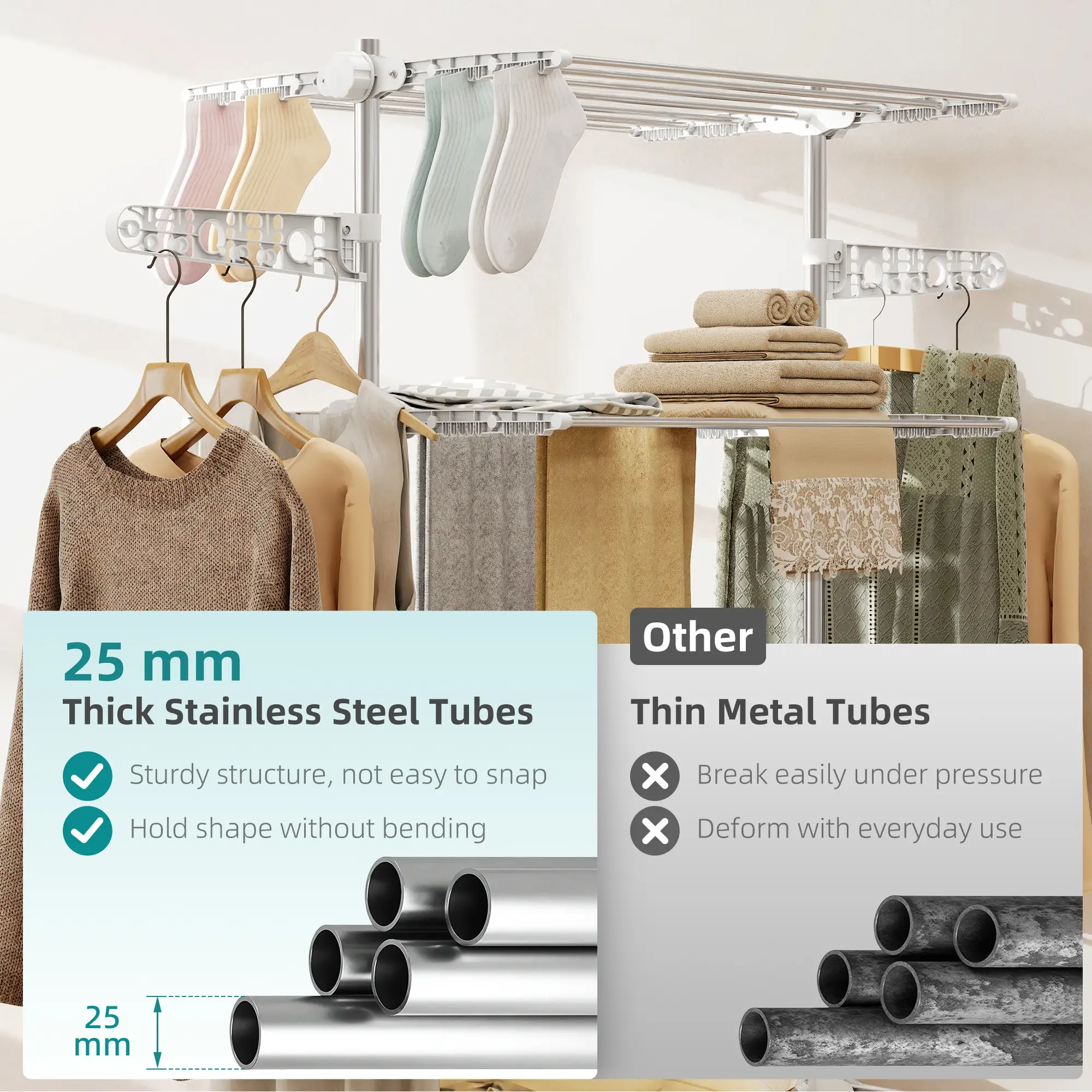 Stainless Steel Folding Clothes Drying Rack, Side Wings, Castors, Indoor Outdoor, White - Image 5
