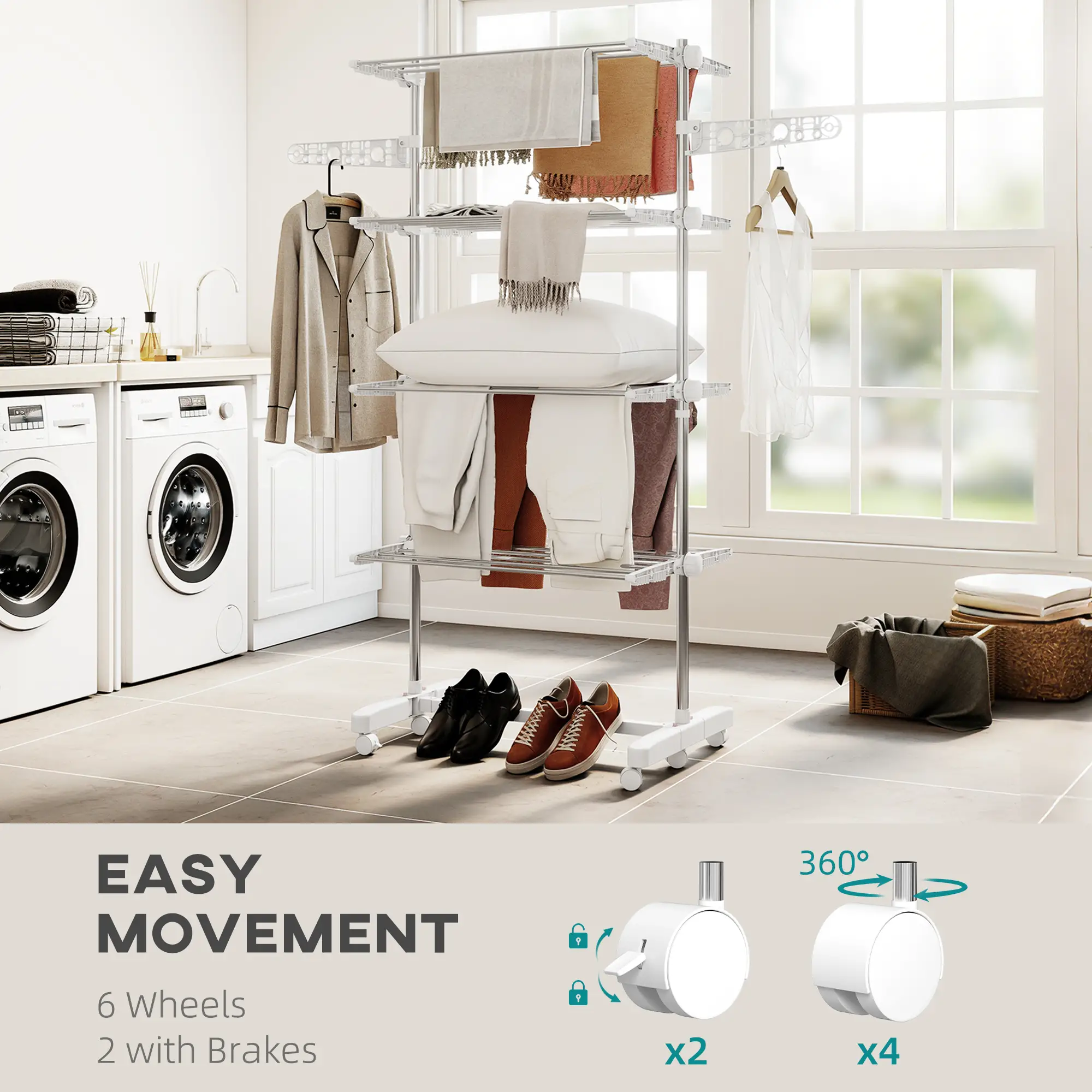 Stainless Steel Folding Clothes Drying Rack, Side Wings, Castors, Indoor Outdoor, White - Image 7