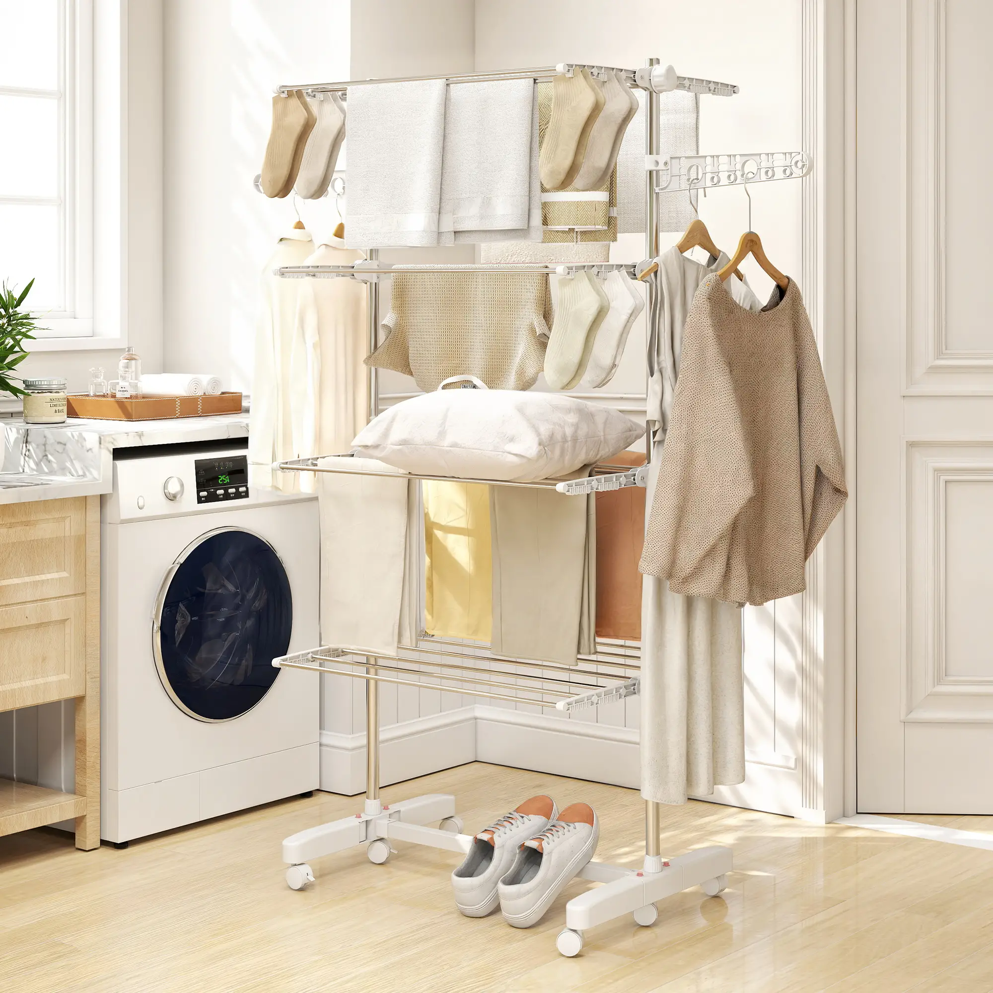 Stainless Steel Folding Clothes Drying Rack, Side Wings, Castors, Indoor Outdoor, White - Image 8