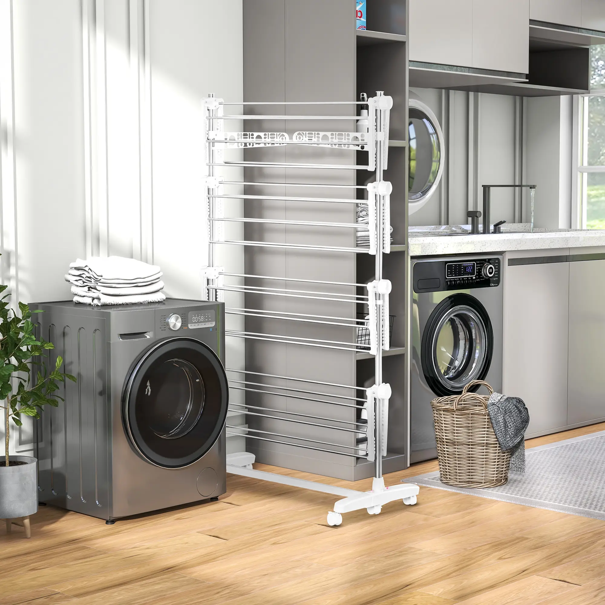 Stainless Steel Folding Clothes Drying Rack, Side Wings, Castors, Indoor Outdoor, White - Image 9