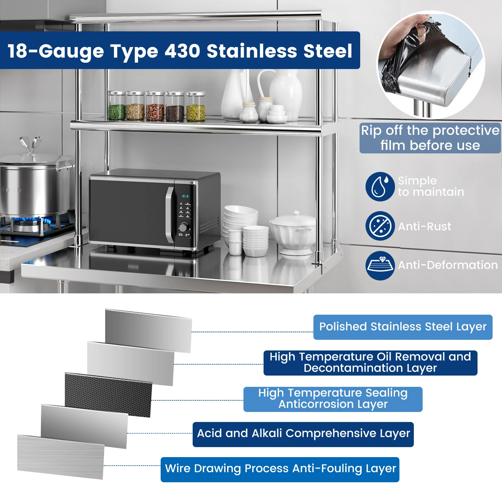 Stainless Steel Overshelf with Adjustable Lower Shelf for Restaurant Kitchen, Silver - Image 9