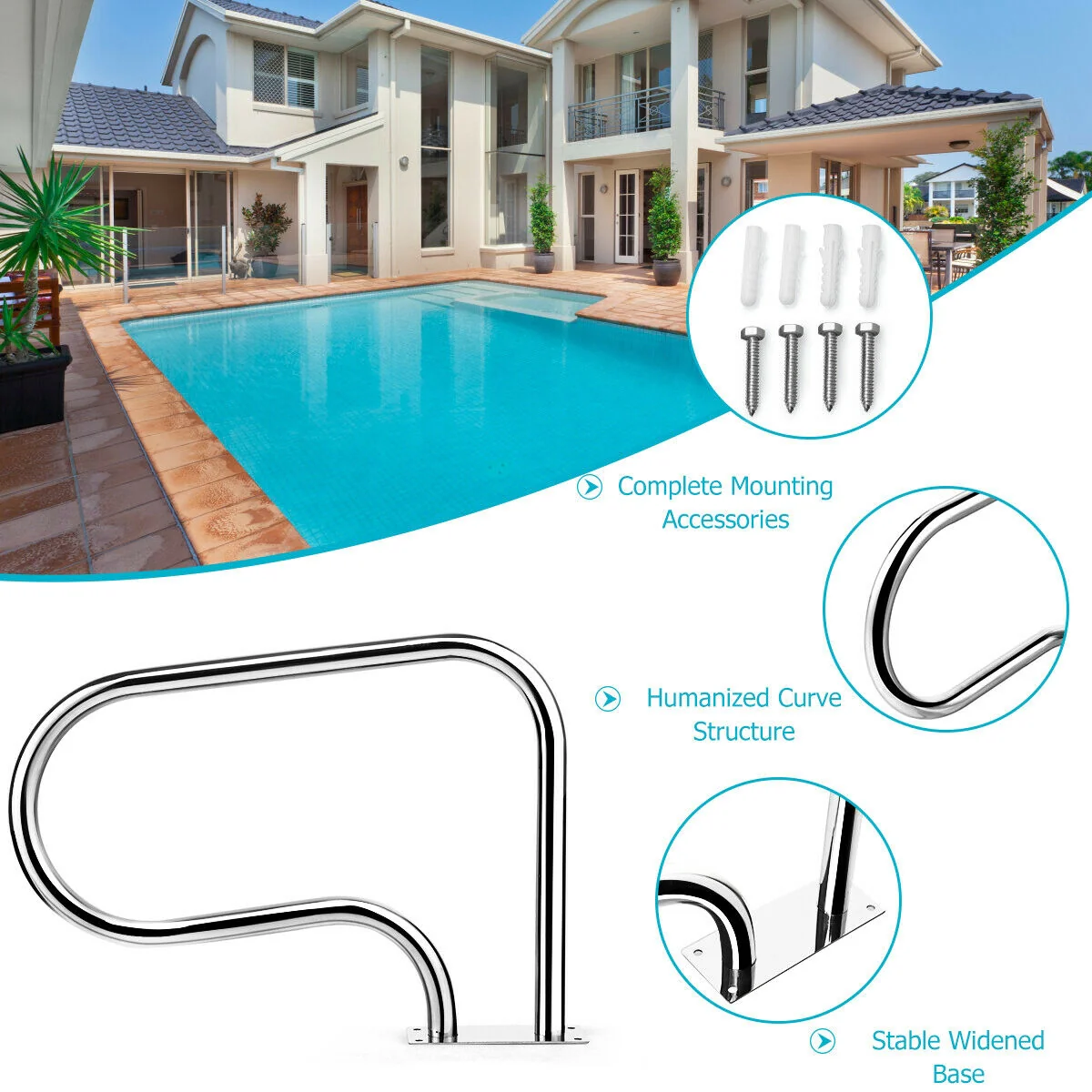 Stainless Steel Swimming Pool Hand Rail, Silver - Image 6