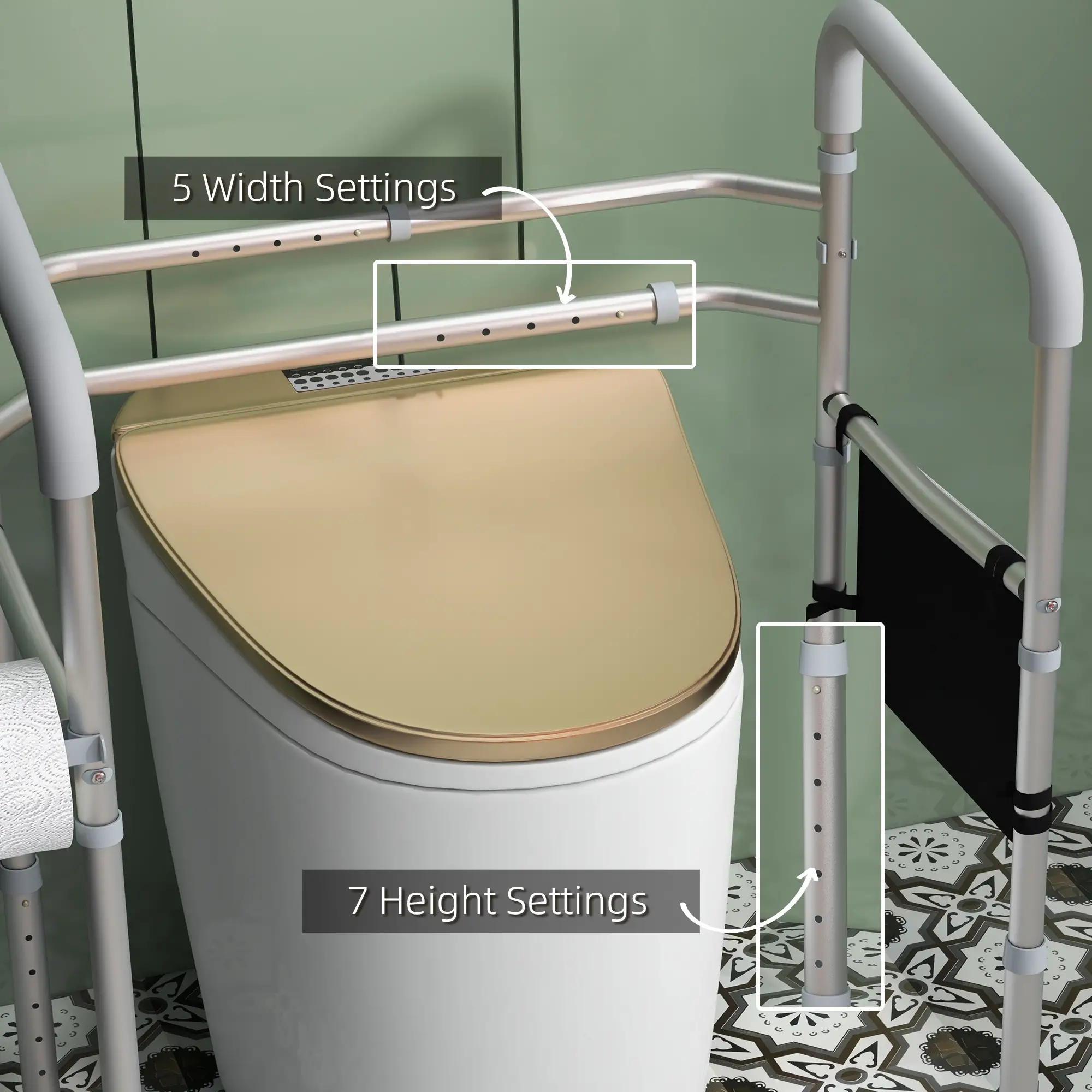 Stand Alone Toilet Safety Frame, Adjustable Height Width, 300lb Grab Bar, Padded Handles - Image 4