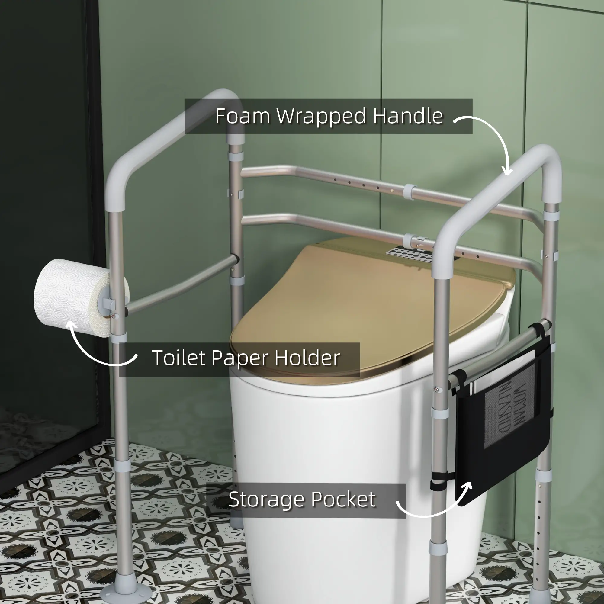Stand Alone Toilet Safety Frame, Adjustable Height Width, 300lb Grab Bar, Padded Handles - Image 6